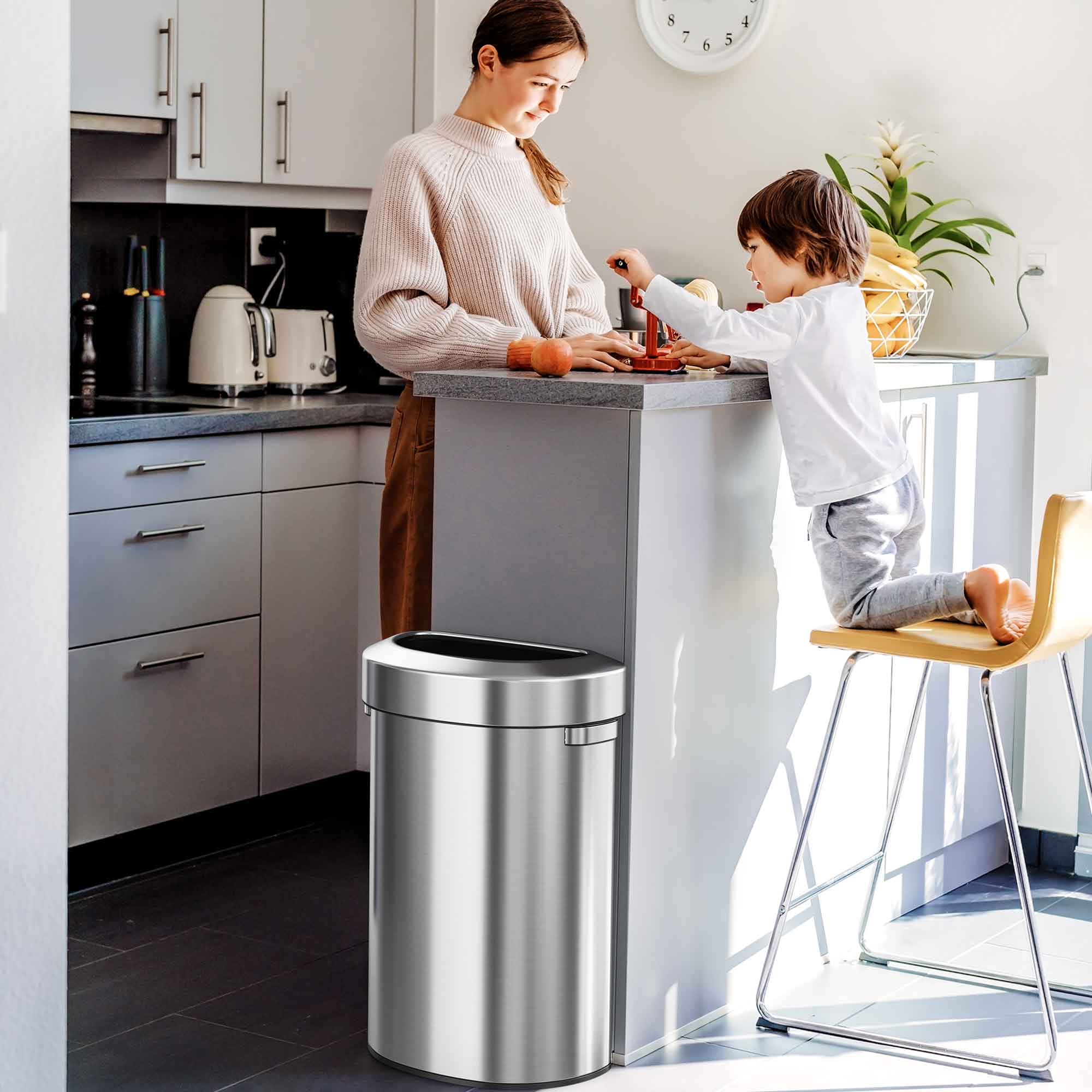 Back. iTouchless - 23 Gallon Stainless Steel Semi-Round Open Top Kitchen Trash Can - Silver.