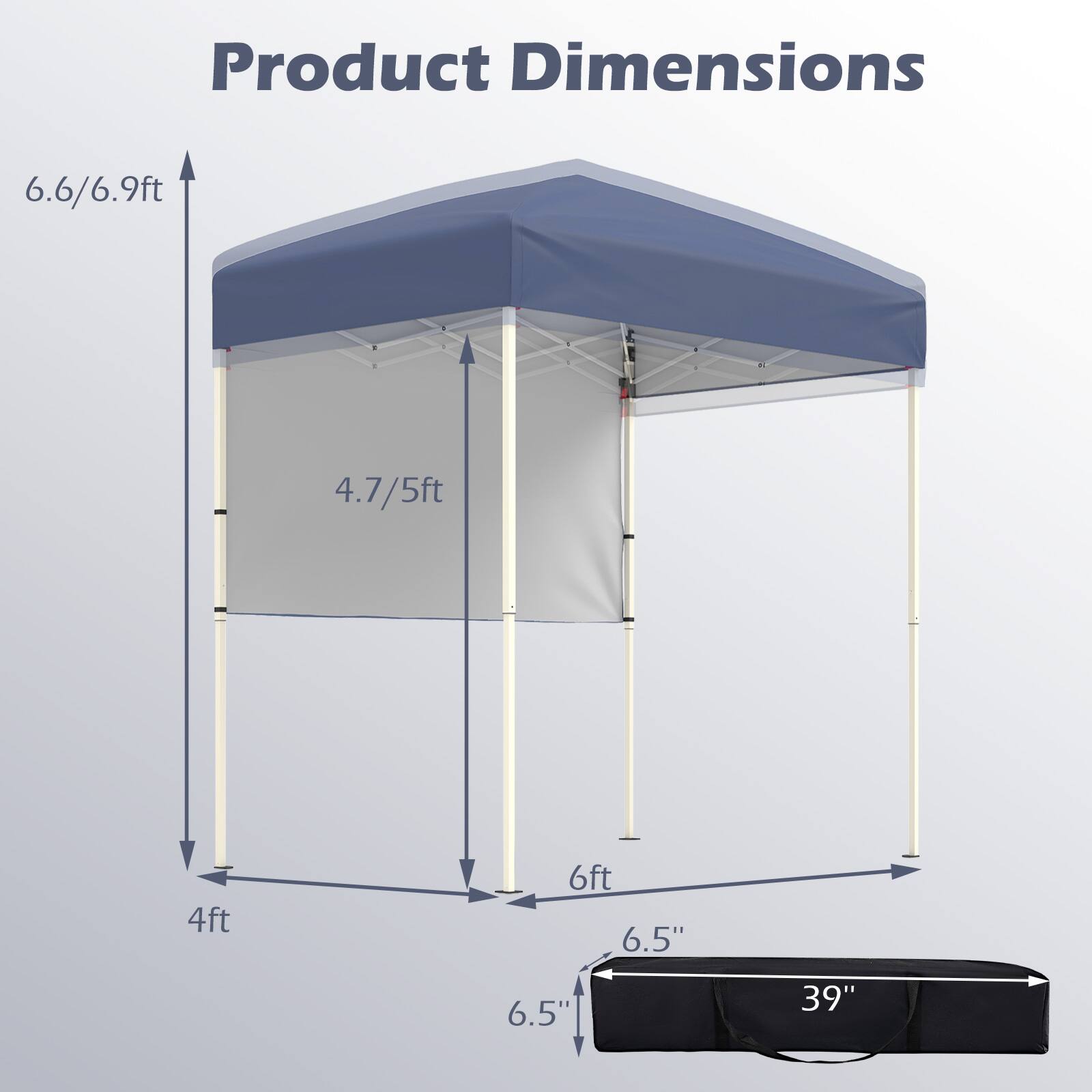 Product Dimensions

- Height: 6.6/6.9ft
- Width: 4ft
- Depth: 6ft
- Side Height: 4.7/5ft
- Base Width: 6.5"
- Base Depth: 6.5"
- Packed Size: 39"