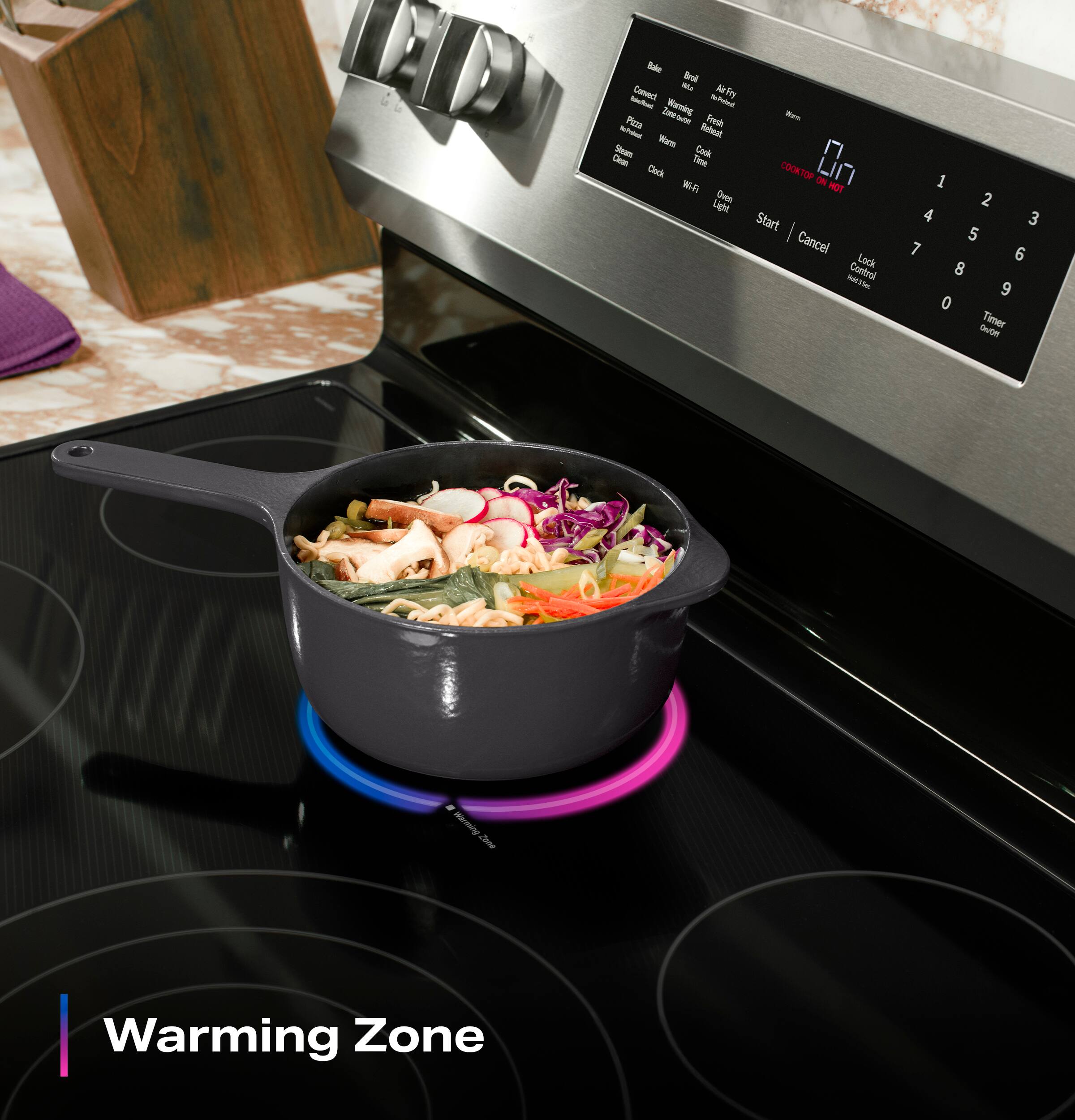 Sure, here is the corrected and grouped text:

**Top Left:**
- Tdle Brdl - Aeiry Jua Coom

**Top Right:**
- Warming Zone

**Bottom:**
- Fresh Snack Reteral
- am Seam Cank Caan Tone Oo Cark COOKTOP
- Oven Liet Start | Cancel Lock - Control
- 1 2 4 3 5 7 6 8 9 0 Timer SvOe M So Warming Zone

**On the Cooktop Display:**
- Bake
- Broil
- Air Fry
- Convection
- Boil
- Roast
- Fry
- Steam
- Pizza
- Bake
- Roast
- Cook Time
- Warm
- Cook
- Clean
- Wi-Fi
- Open Light
- Start | Cancel
- Lock Control
- Timer Option

**On the Cooktop:**
- Warming Zone