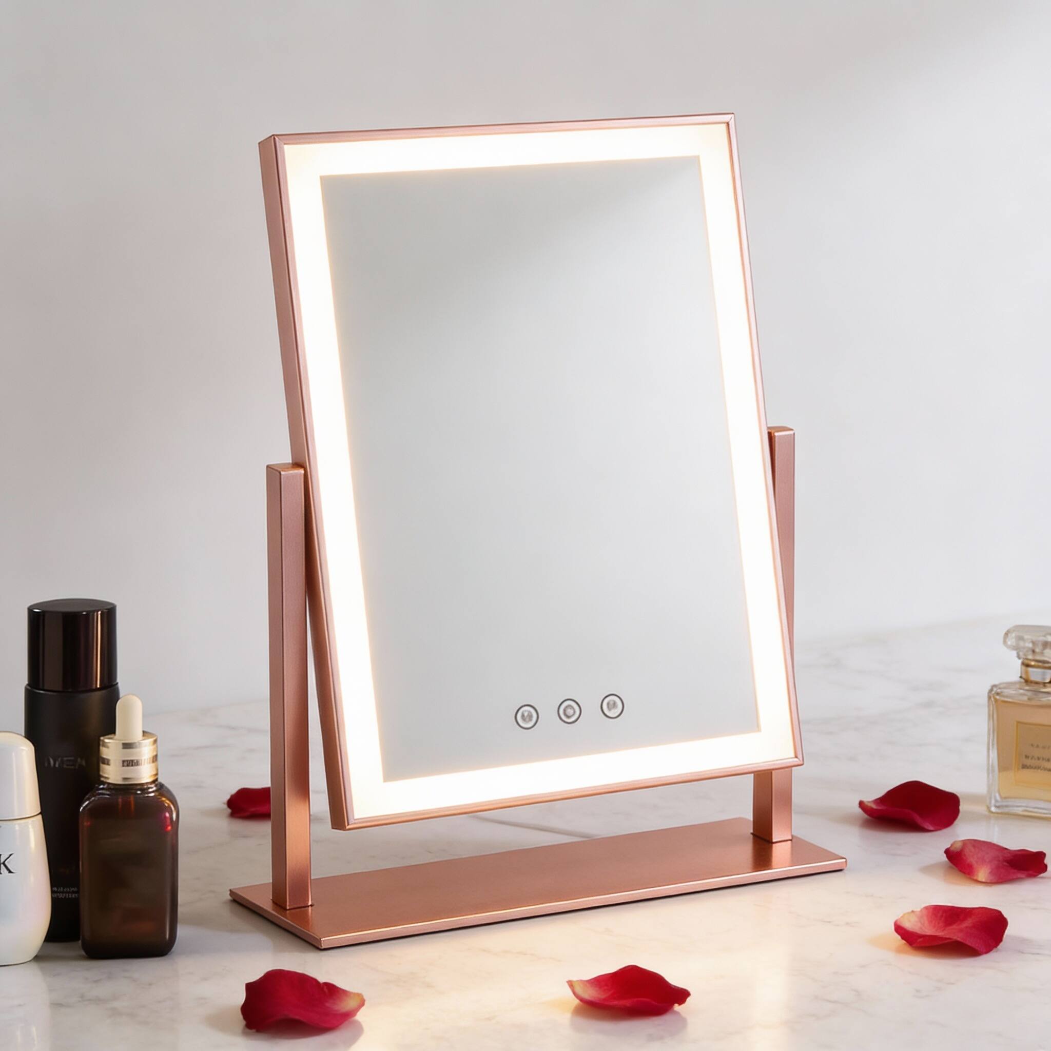 Alt View 2. PO3TICJUNKI3 - Lighted Vanity Mirror with 3 Color Modes, 5X Magnification, Touch Control, 360° Rotation - 13.5"L x 17.4"W (96 LED).