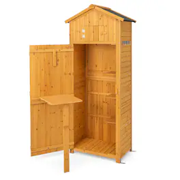 WELLFOR - 71 Inch Tall Garden Tool Storage Cabinet with Lockable Doors and Foldable Table - Natural