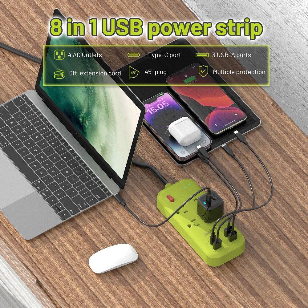 8 in 1 USB power strip  
4 AC Outlets  
1 Type-C port  
3 USB-A ports  
6ft extension cord  
45° plug  
Multiple protection