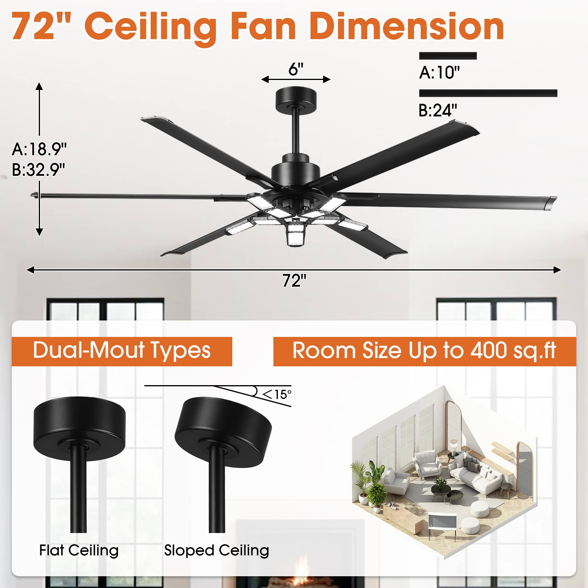 72" Ceiling Fan Dimension

- 6"
- A: 10"
- B: 24"
- A: 18.9"
- B: 32.9"

Dual-Mount Types

- Flat Ceiling
- Sloped Ceiling

Room Size Up to 400 sq.ft