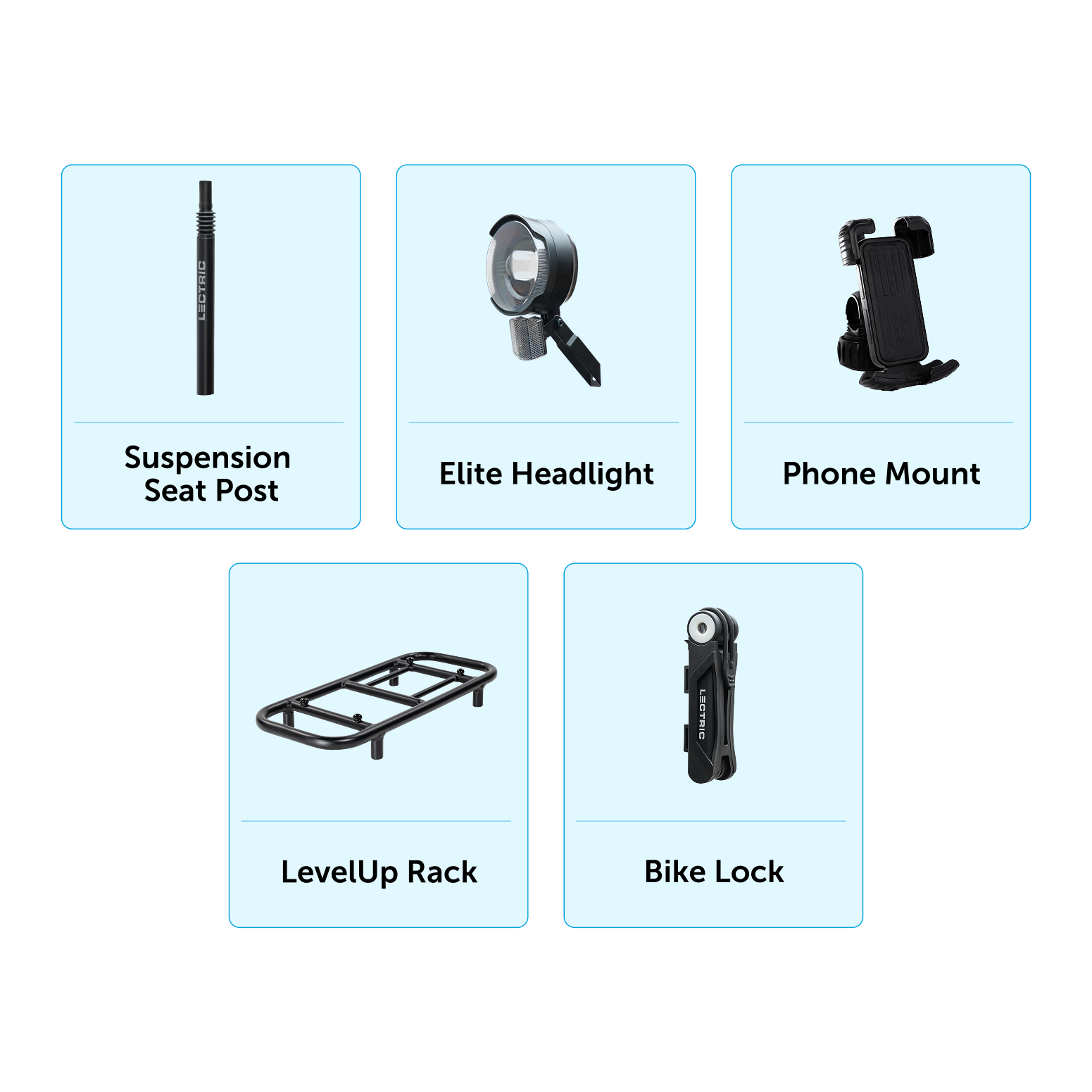 CTRIC Suspension Seat Post, Elite Headlight, Phone Mount, LevelUp Rack, Bike Lock