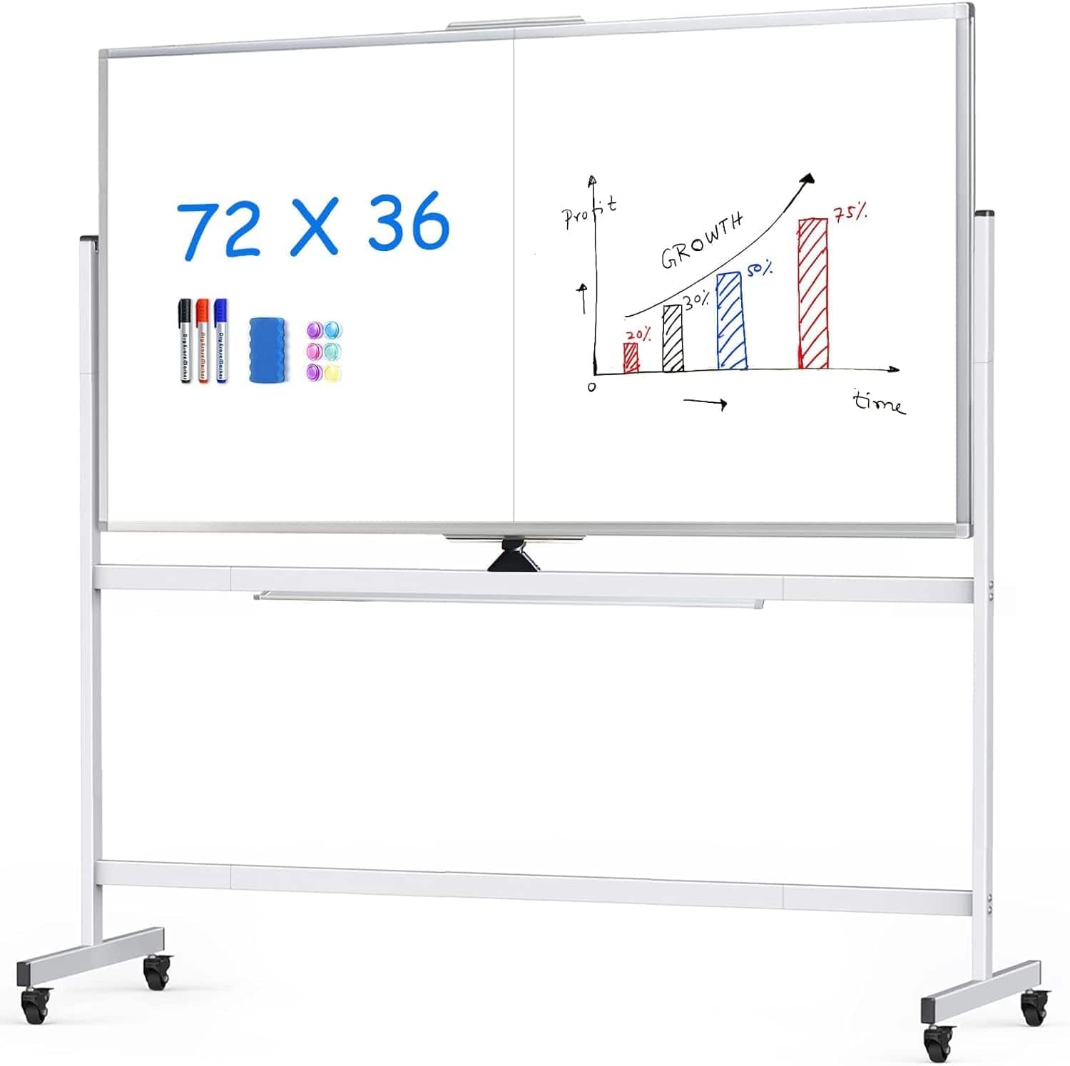 maxtek - Rolling Bulletin Boards 72"x36" Whiteboards & Presentation Supplies Dry Erase Board Double Sided Standing Whiteboard - White