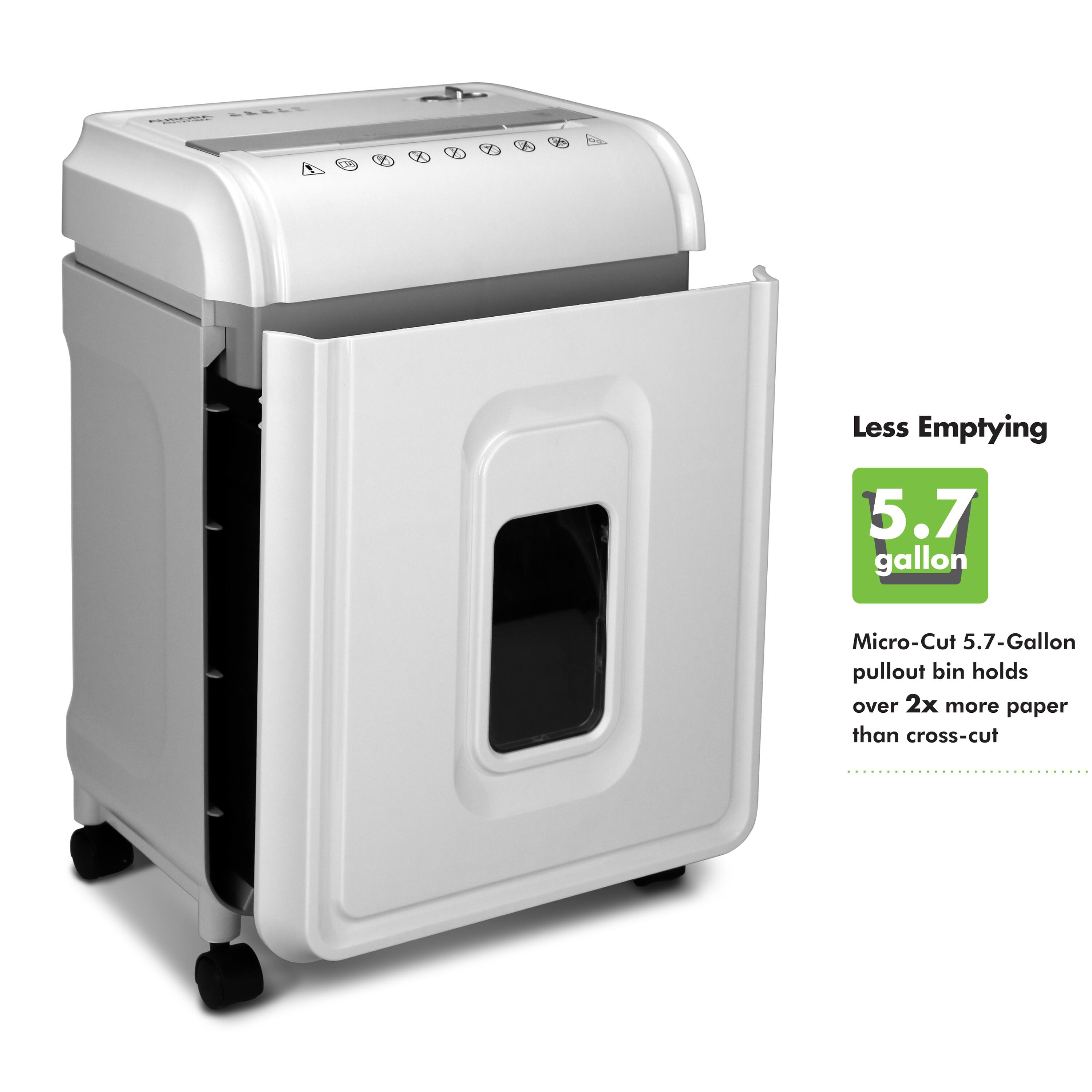 Less Emptying  
5.7 gallon  
Micro-Cut 5.7-Gallon pullout bin holds over 2x more paper than cross-cut