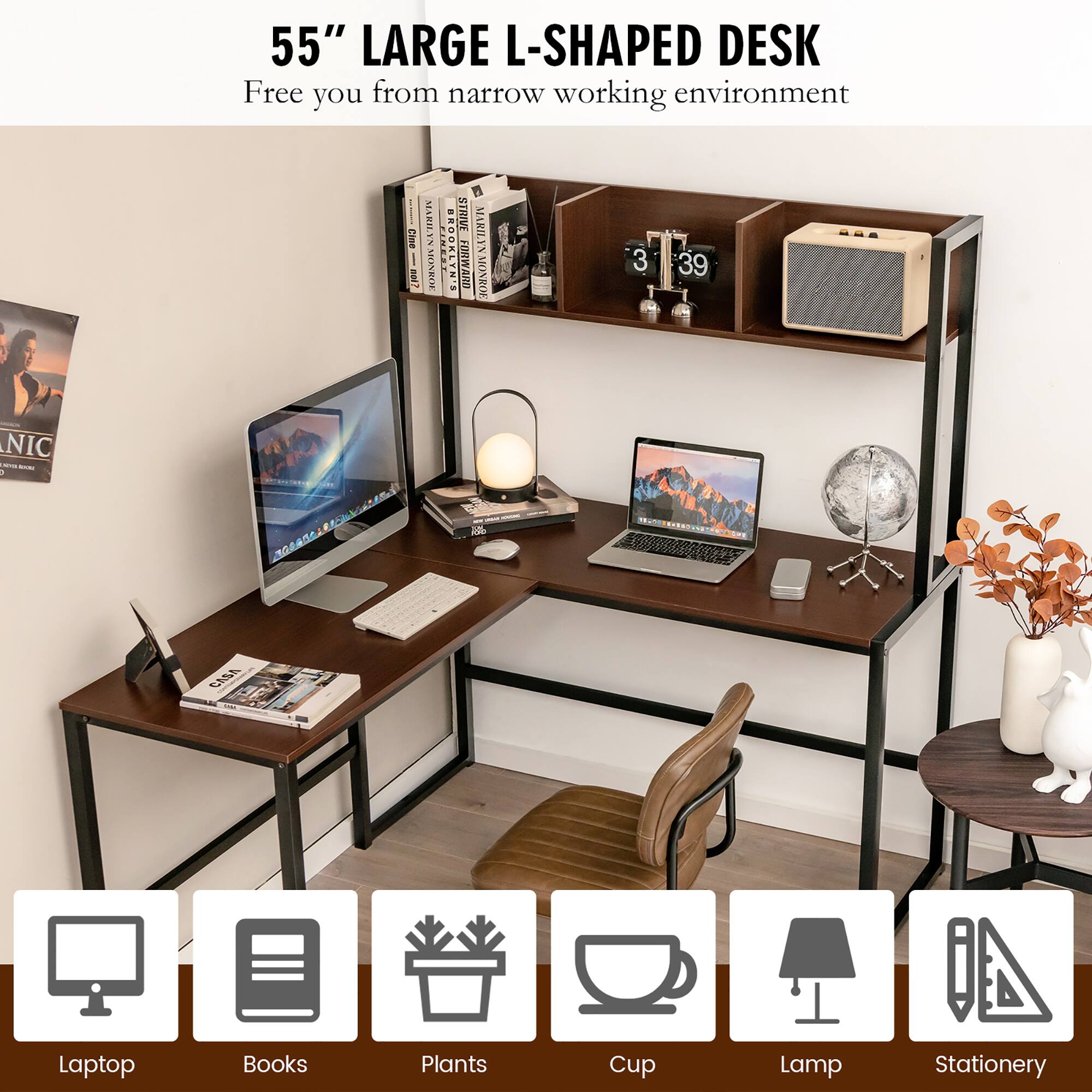 55" LARGE L-SHAPED DESK Free you from narrow working environment
Laptop Books Plants Cup Lamp Stationery