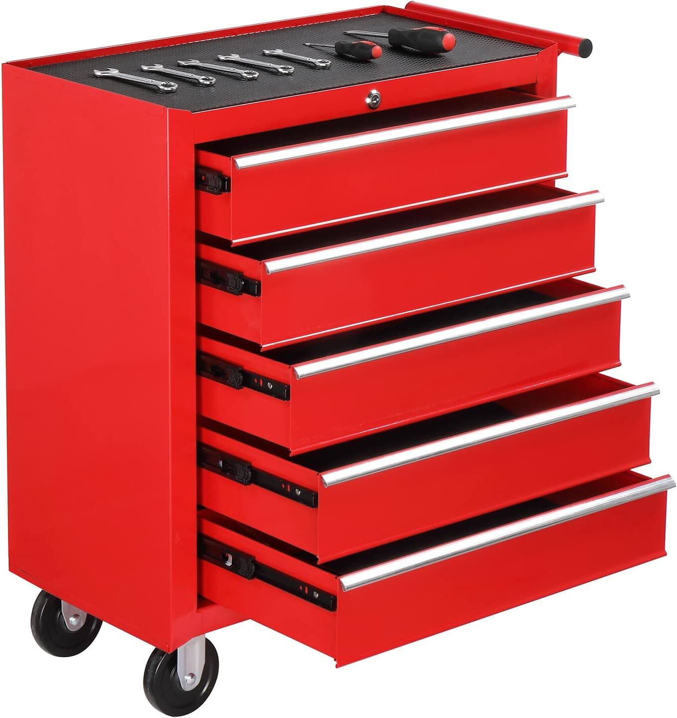 Angle. Winado - Lockable 5-Drawer Rolling Tool Chest Tool Organizer Box with Wheels for Garage - Red.