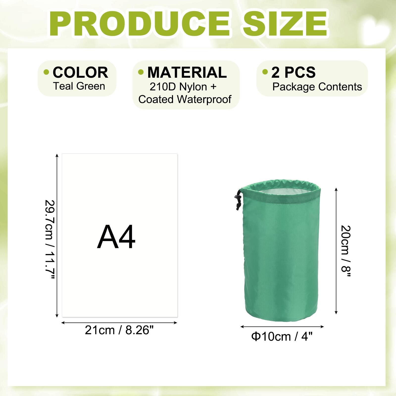 - **Color:** Teal Green
- **Material:** 210D Nylon + Coated Waterproof
- **Package Contents:** 2 PCS
- **Size:**
  - A4: 29.7cm / 11.7" x 21cm / 8.26"
  - Diameter: 20cm / 8" x 10cm / 4"