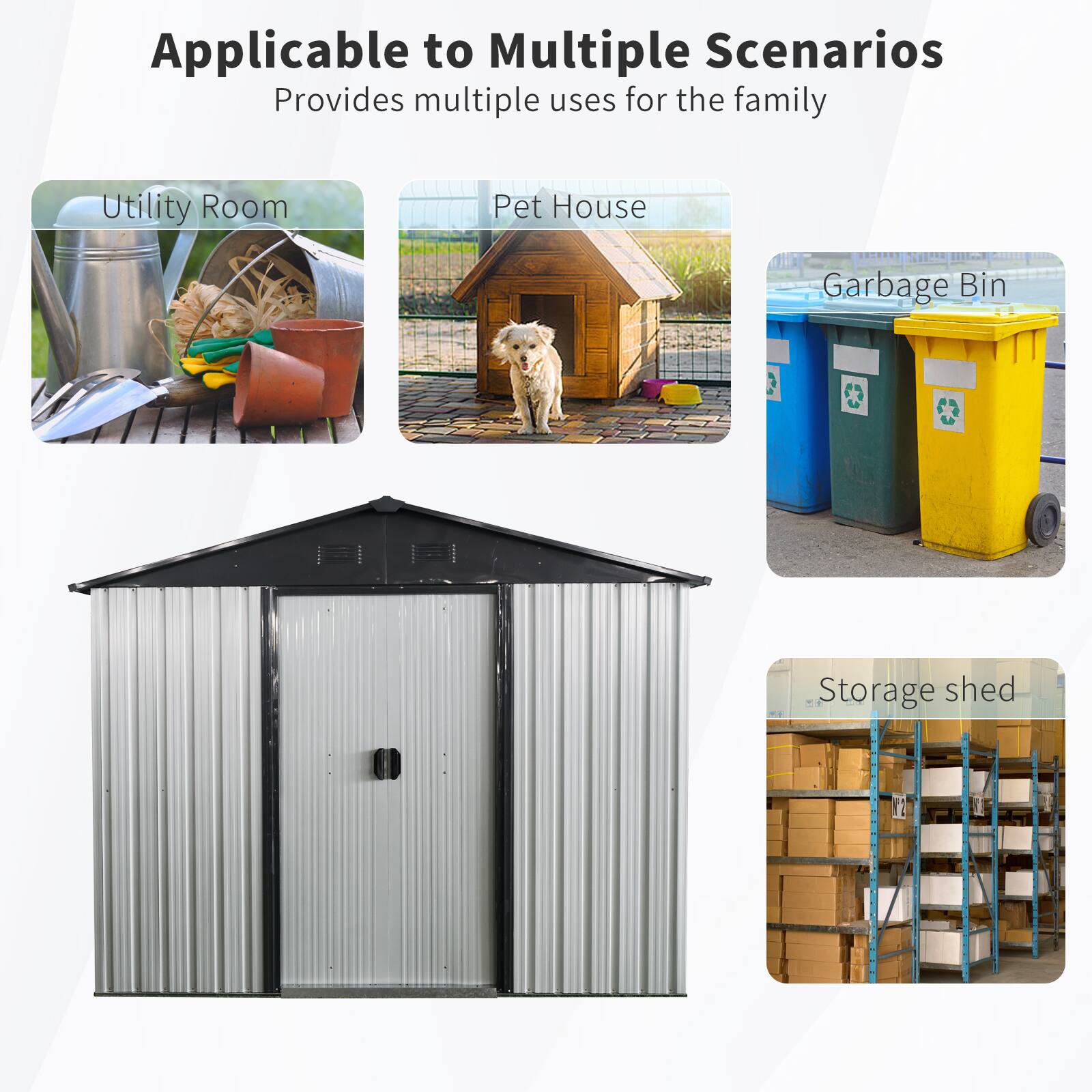 Applicable to Multiple Scenarios  
Provides multiple uses for the family  

- Utility Room  
- Pet House  
- Garbage Bin  
- Storage shed