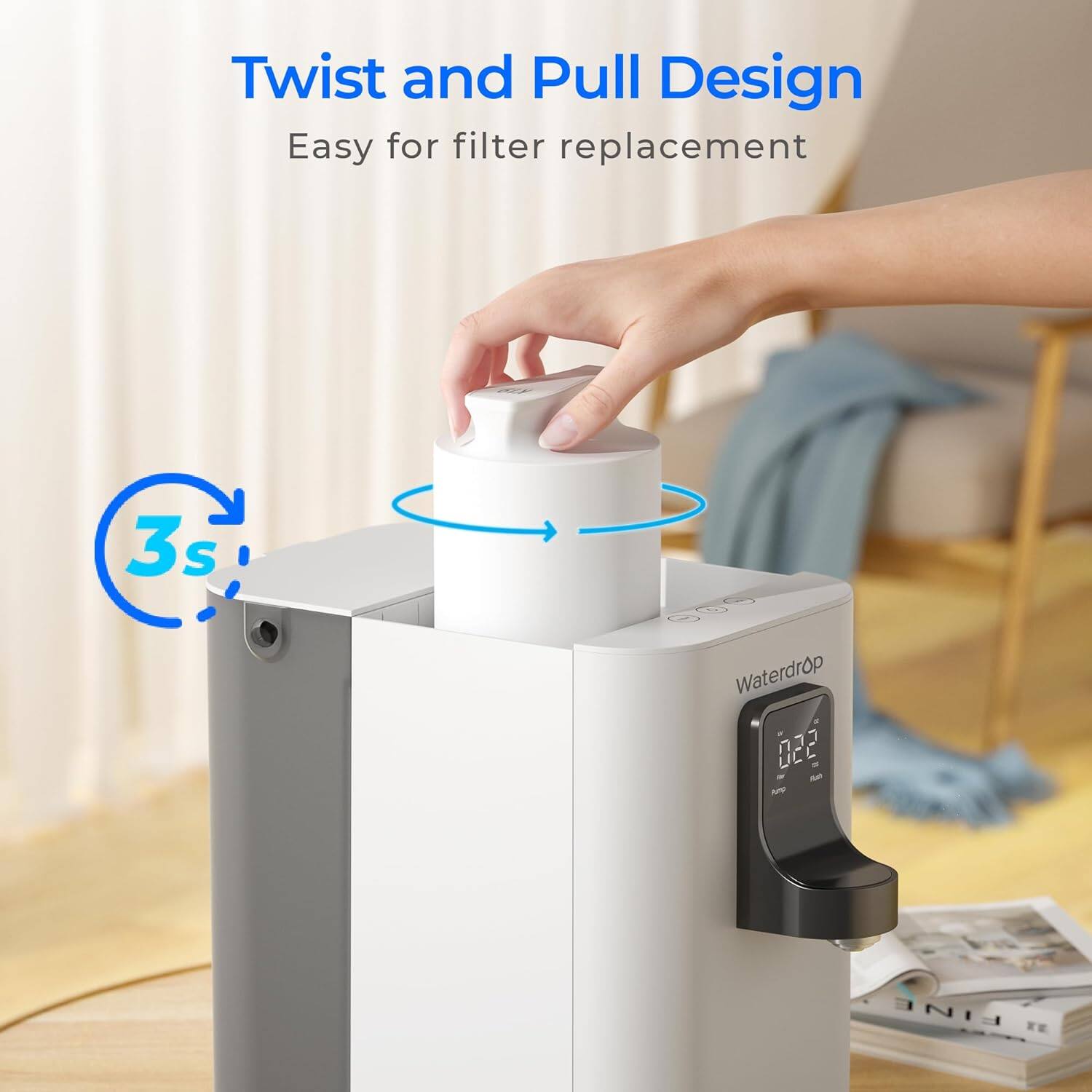 Waterdrop, Twist and Pull Design, Easy for filter replacement, 3s