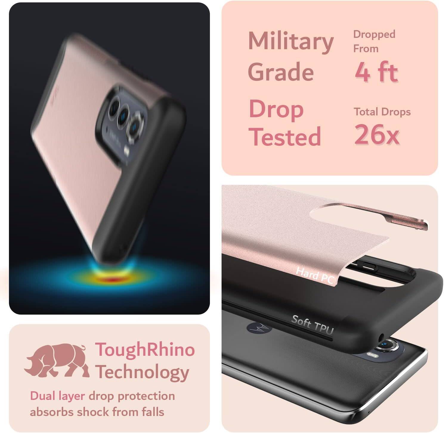 Military Grade Drop Tested  
Dropped From 4 ft  
Total Drops Tested 26x  

ToughRhino Technology  
Dual layer drop protection absorbs shock from falls  

Hard PC  
Soft TPU