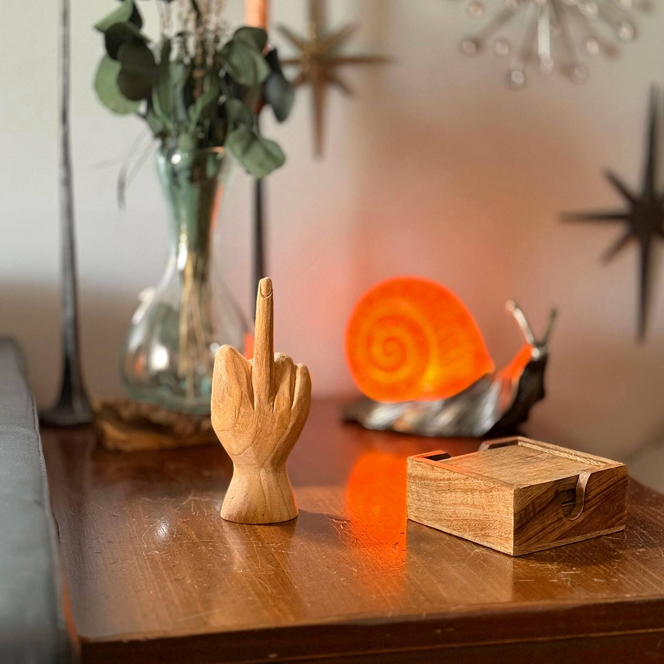 Alt View 5. Zeckos - Carved Wooden Flipping The Bird Hand Gesture Statue Natural Finish Home Decor - Brown.