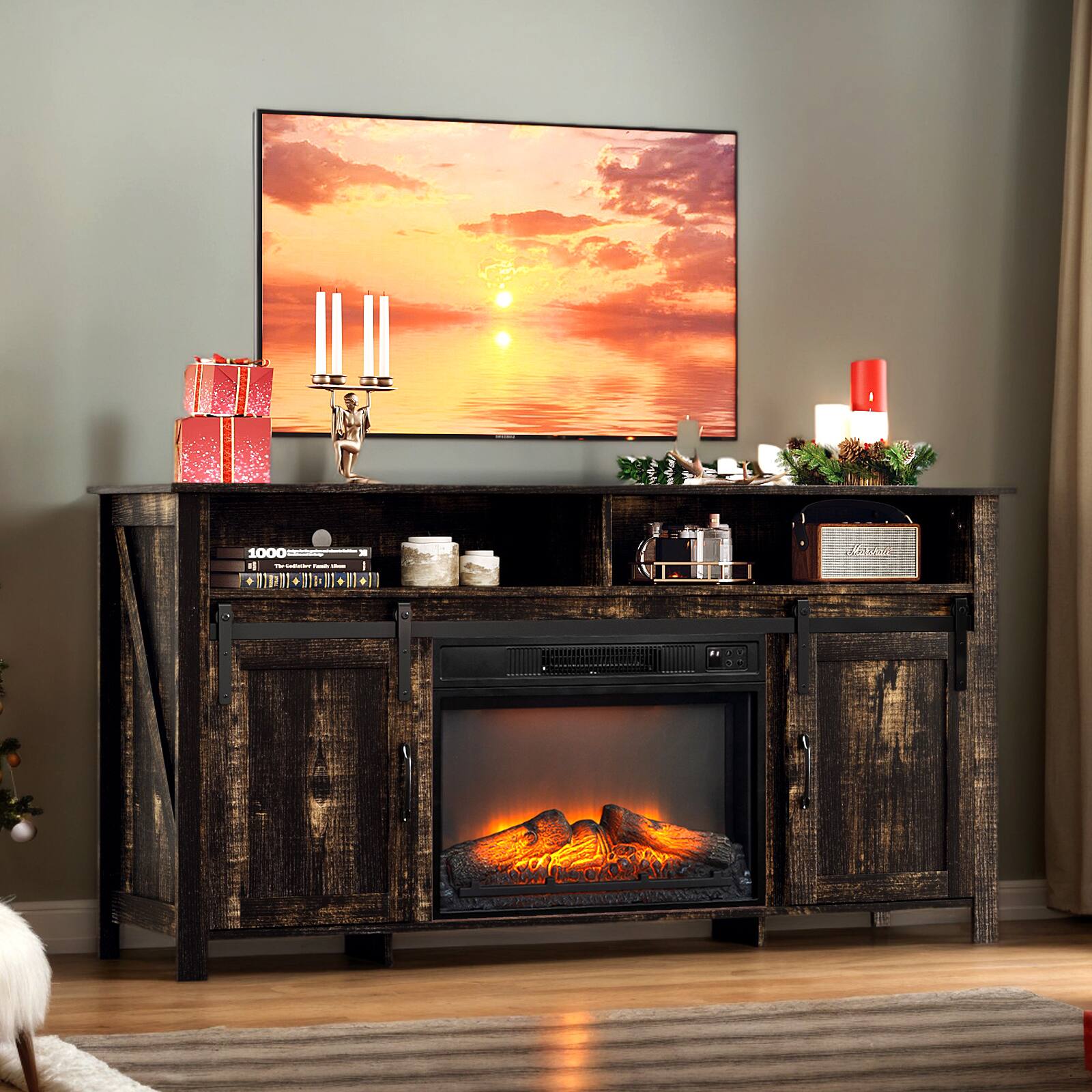Alt View 1. Chateau Abodes - 58" Fireplace TV Stand with 23" Insert, Brown Barn Door Top & Sliding Track - Black Gold Oak.