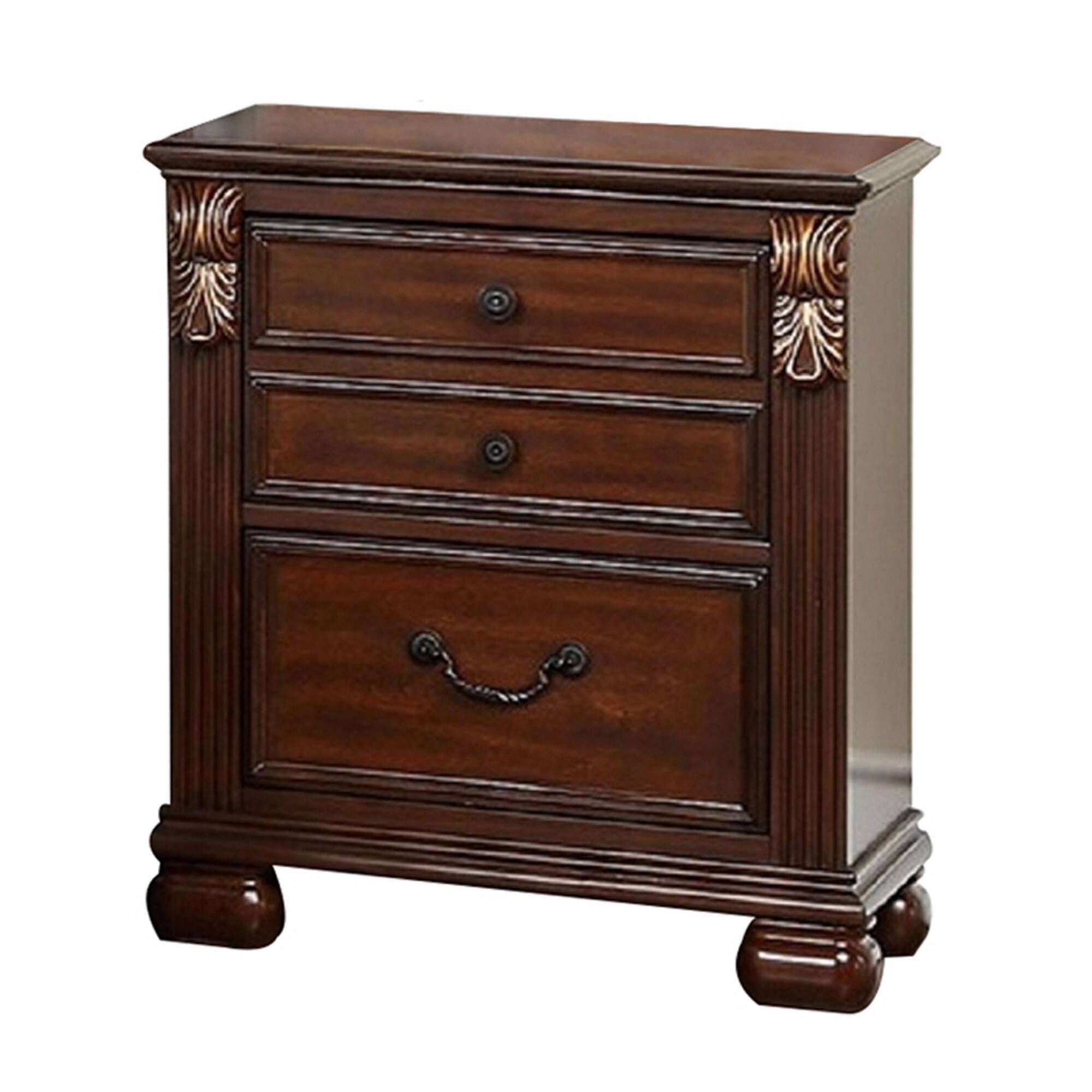 Front. Manhattan Lane - Miri 25 Inch 3 Drawer Nightstand, Brass Carved Accents,  Oak - Cherry Oak Brown.
