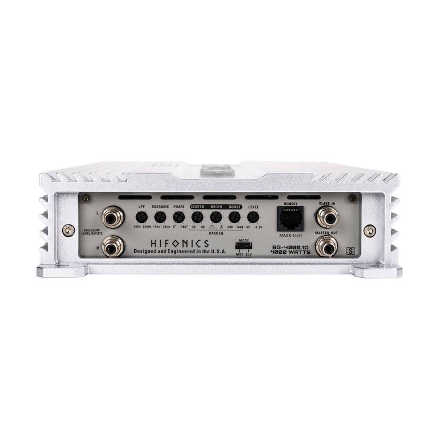 HIFONICS  
Designed and Engineered in the U.S.A.  

BG-4808.10  
MAXX-U-01  
4000 WATTS  

LPF SUBSONIC PHASE CENTER WIDTH BOOST LEVEL REMOTE SLAVE IN  

HIGH/LOW LEVEL INPUTS  
BASS  
MASTER OUT  

MODE  
A.  
WST SLV  

S