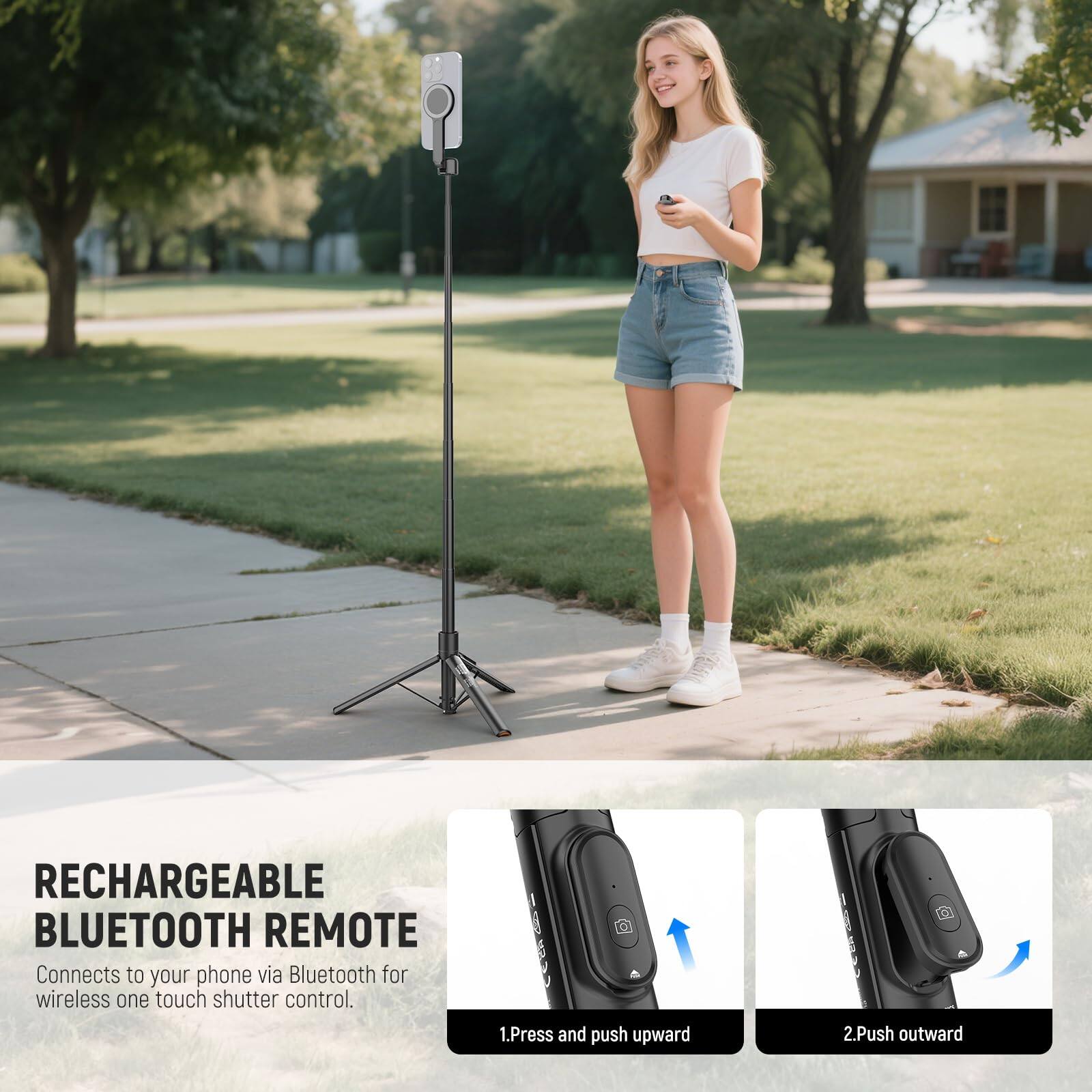 RECHARGEABLE BLUETOOTH REMOTE  
Connects to your phone via Bluetooth for wireless one touch shutter control.  

1. Press and push upward  
2. Push outward