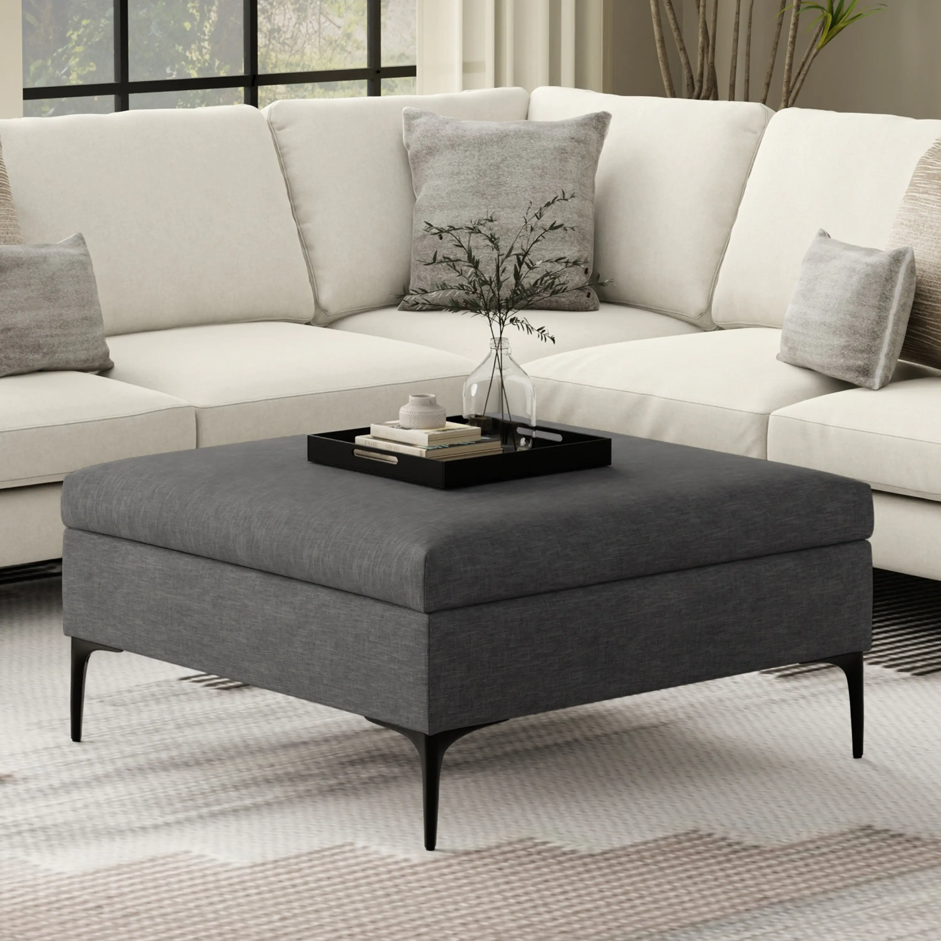 Angle. Simpli Home - Rebecca 36 inch Mid Century Coffee Table Storage Ottoman with Lift Up Lid in Slate Grey Polyester Linen, Assembled - Slate Grey.