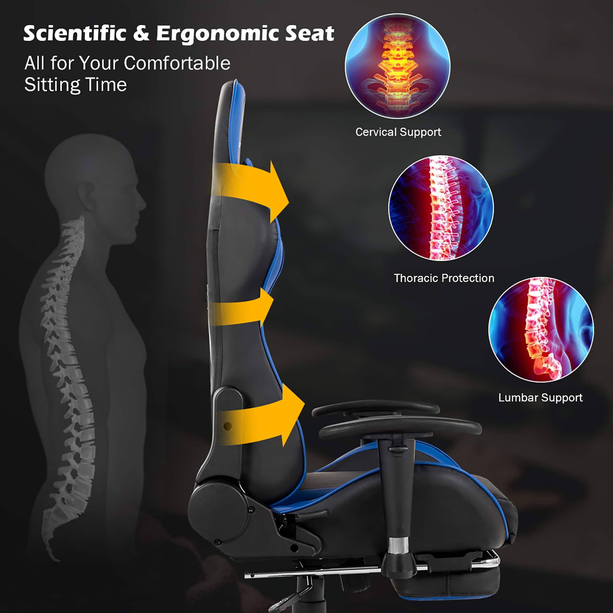 Scientific & Ergonomic Seat: All for Your Comfortable Sitting Time. Cervical Support, Thoracic Protection, Lumbar Support.