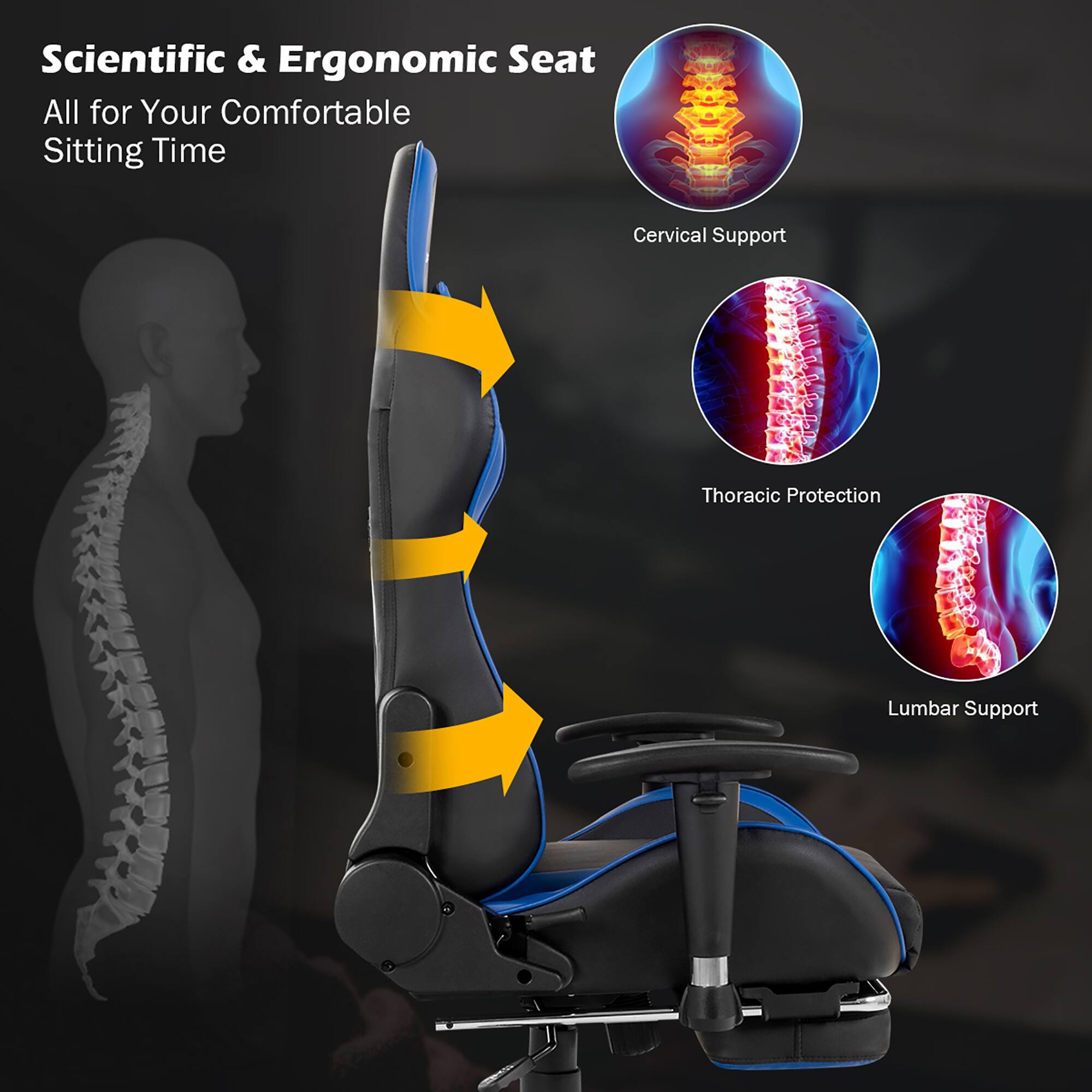 Scientific & Ergonomic Seat: All for Your Comfortable Sitting Time. Cervical Support, Thoracic Protection, Lumbar Support.