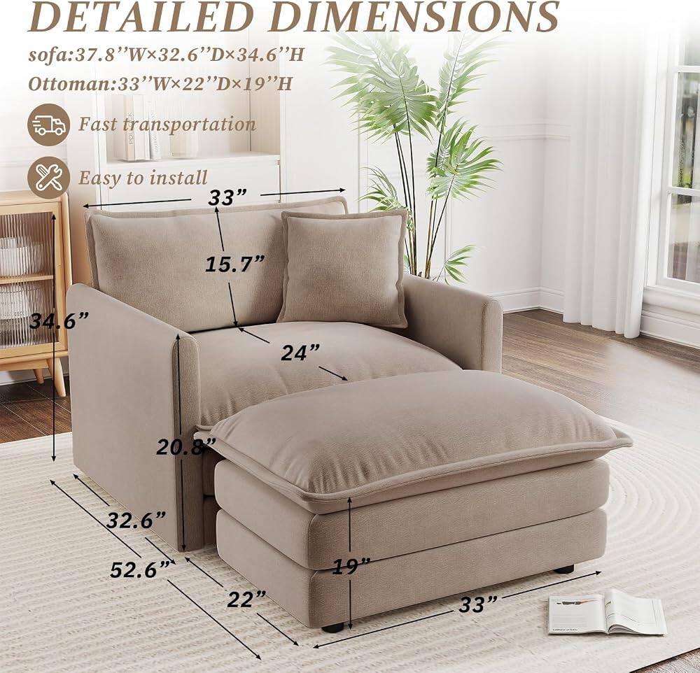 DETAILED DIMENSIONS

sofa: 37.8"Wx32.6"Dx34.6"H  
Ottoman: 33"Wx22"Dx19"H

Fast transportation  
Easy to install

33"  
15.7"  
34.6"  
24"  
20.8"  
32.6"  
52.6"  
22"  
19"  
33"