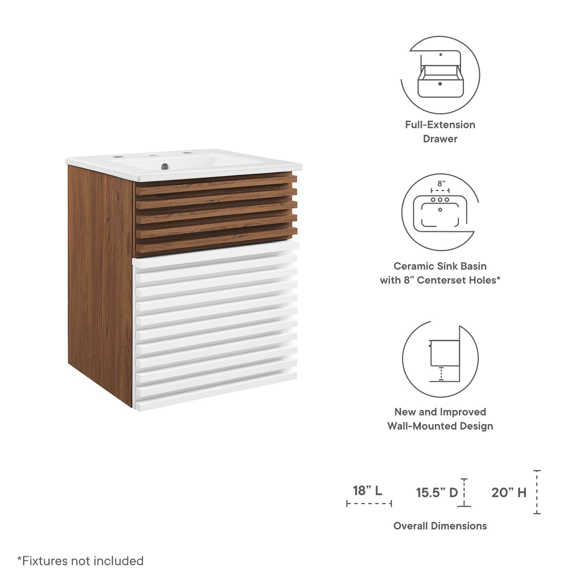 Full-Extension Drawer  
Ceramic Sink Basin with 8" Centerset Holes*  
New and Improved Wall-Mounted Design  

Overall Dimensions:  
18" L x 15.5" D x 20" H  

*Fixtures not included