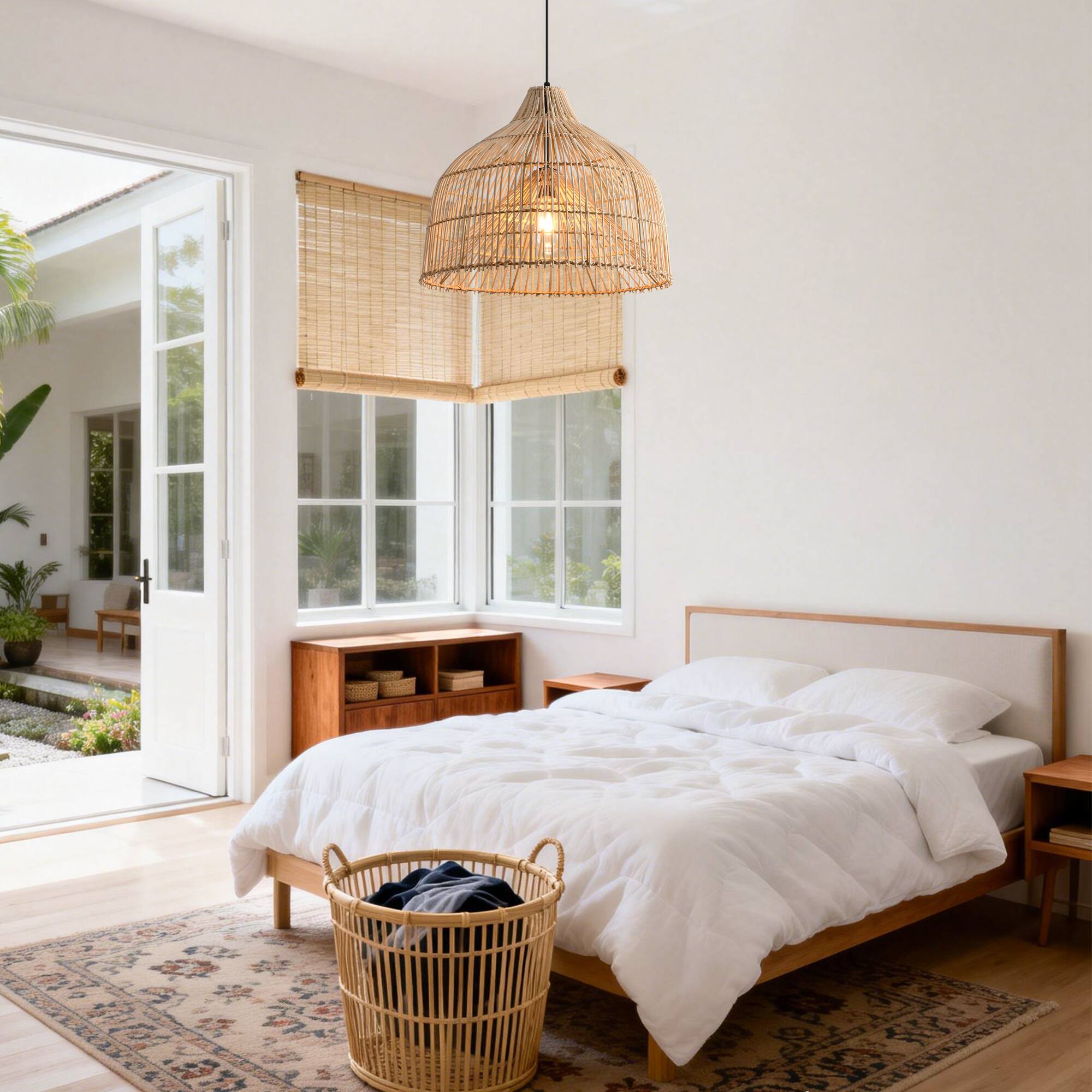 Back. Parrot Uncle - 1-Light Boho Brown Rattan Hand-Woven Cloche Hanging Basket Pendant Light - Brown.