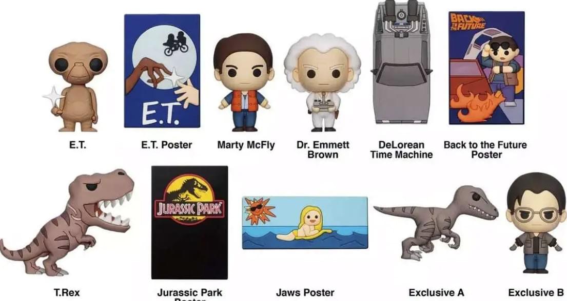 Sure, here is the corrected and grouped text:

- **E.T.**
  - E.T. Poster

- **Back to the Future**
  - Marty McFly
  - Dr. Emmett Brown
  - DeLorean Time Machine
  - Back to the Future Poster

- **Jurassic Park**
  - T.Rex
  - Jurassic Park

- **Jaws**
  - Jaws Poster

- **Exclusive A**
  - Exclusive A

- **Exclusive B**
  - Exclusive B