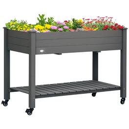 Outsunny - Raised Garden Bed, 47" x 22" x 33", Elevated Wooden Planter Box w/ Lockable Wheels, Storage Shelf - Dark Gray