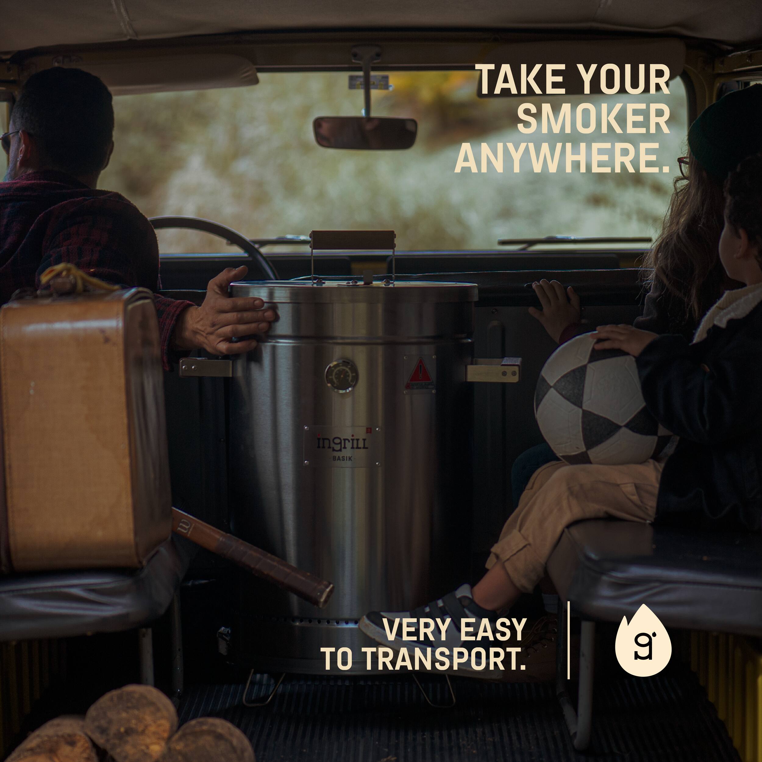 TAKE YOUR SMOKER ANYWHERE.

VERY EASY TO TRANSPORT.