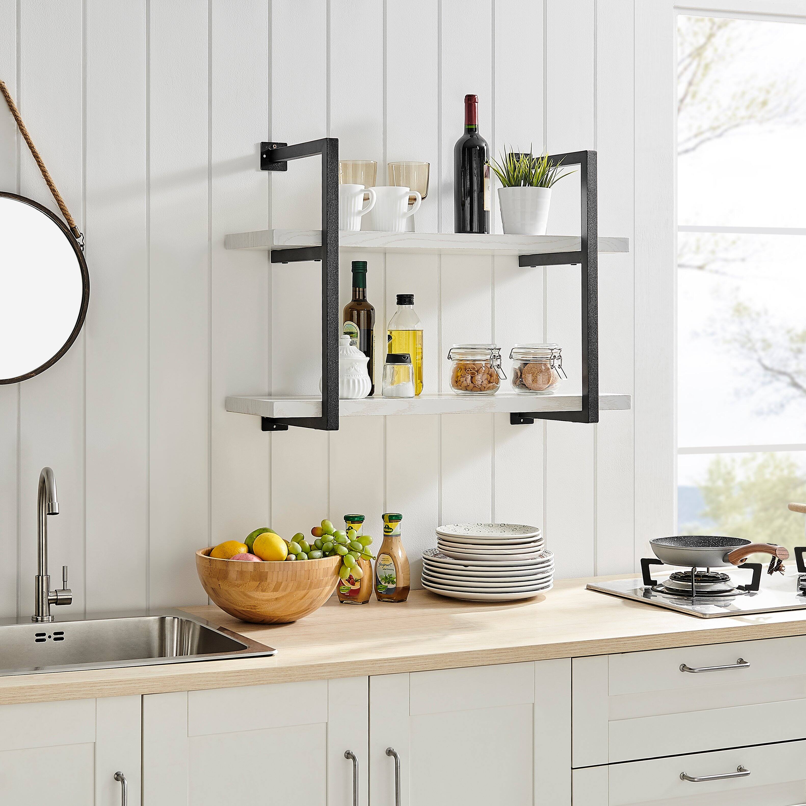 Alt View 4. Danya B - Modern 2-Tier Bracket Wall Shelves in Black Metal and White Birch Finish - White Birch.