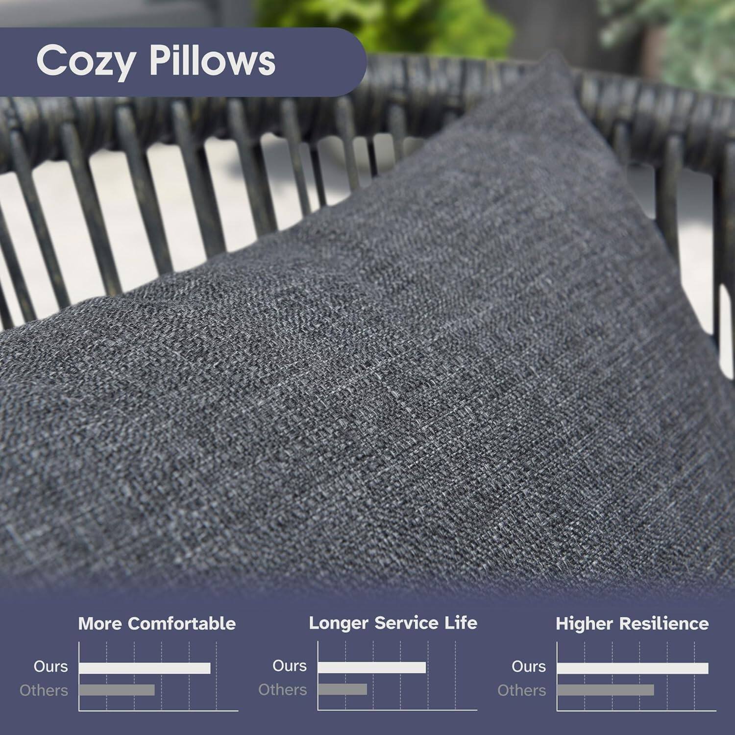 Cozy Pillows

- More Comfortable
  - Ours
  - Others

- Longer Service Life
  - Ours
  - Others

- Higher Resilience
  - Ours
  - Others