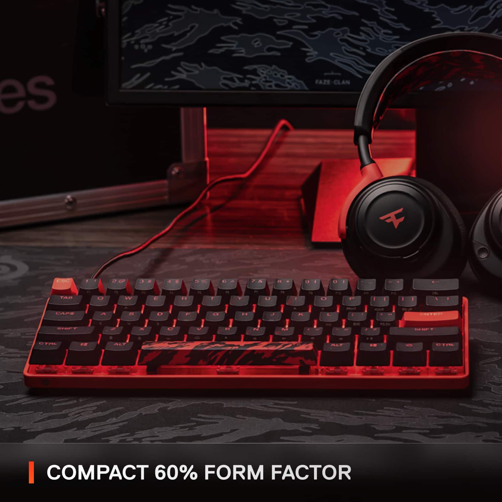 Compact 60% form factor keyboard with red and black color scheme.