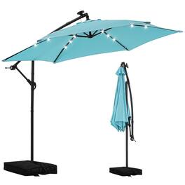 Ainfox - 10FT Outdoor Patio Umbrella Hanging Offset with Cross Base Sand Bags & 32 LED Solar Lights - Blue