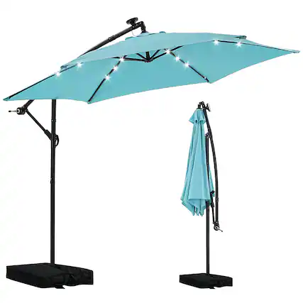 Front. Ainfox - Ainfox 10FT Outdoor Patio Cantilever Umbrella Hanging Offset with Cross Base Sand Bags & 24 LED Solar Lights - Blue.