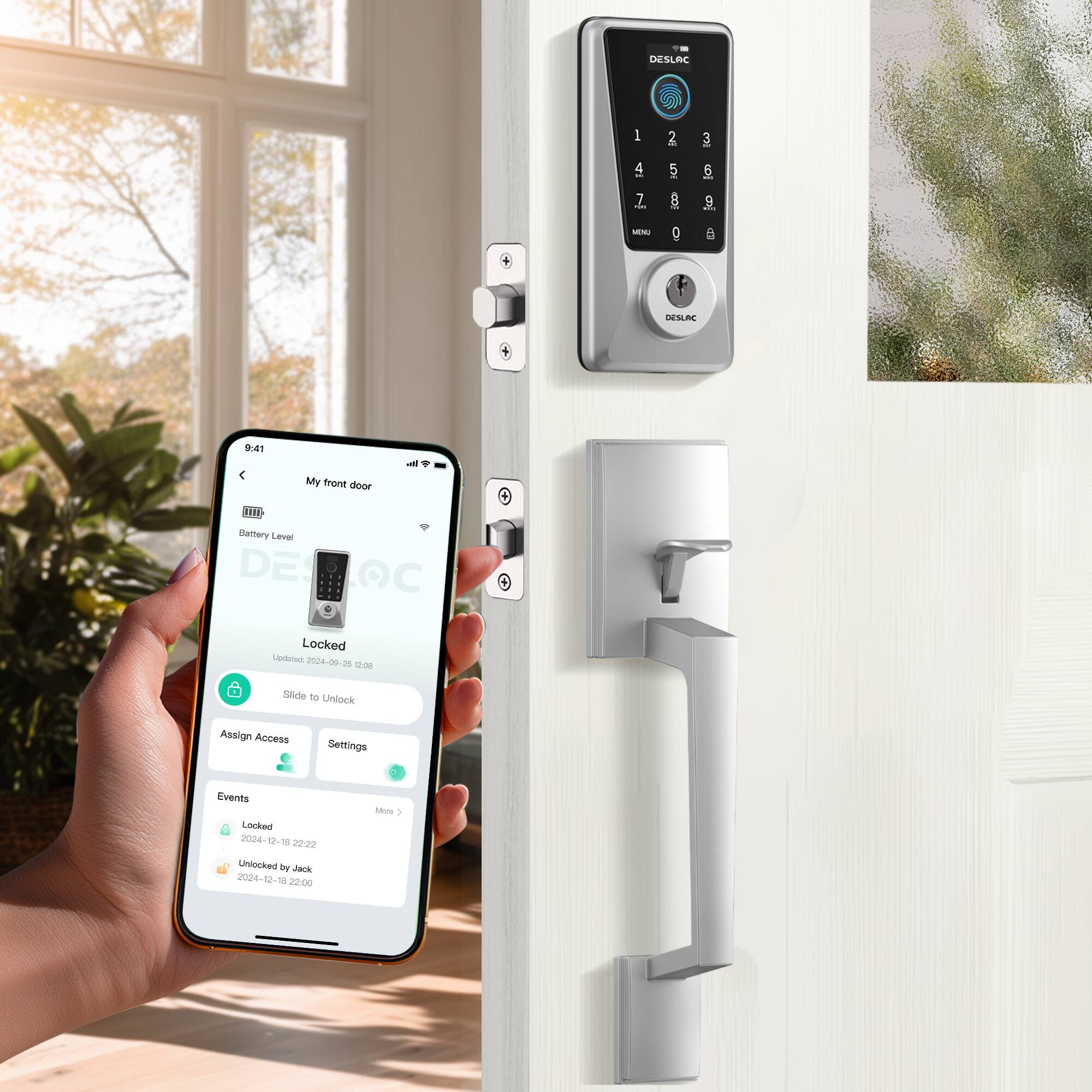 DESLAC

My front door

Battery Level

Locked

Updated 2024-12-18 22:06

Slide to Unlock

Assign Access Settings

Events

Locked 2024-12-18 22:22

Unlocked by Jack 2024-12-18 22:00