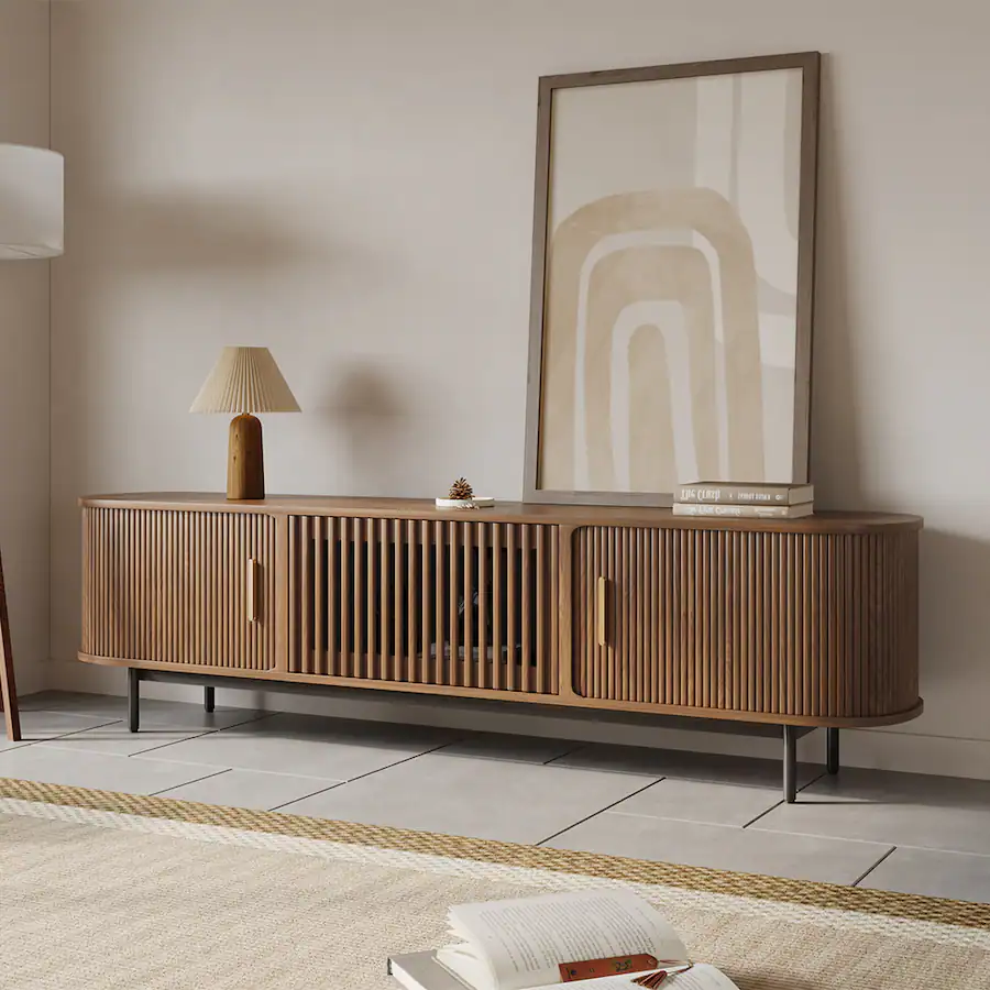 POVISON 79"Mid Century Modern Tambour Door TV Stand Walnut - Best Buy