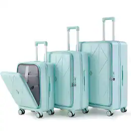 BreeBe - 3-Piece Luggage Set 20/24/28 Inch Expandable Carry-On Suitcases with Hard Shell, TSA Lock, Spinner Wheels & Front Pocket - Mint Green