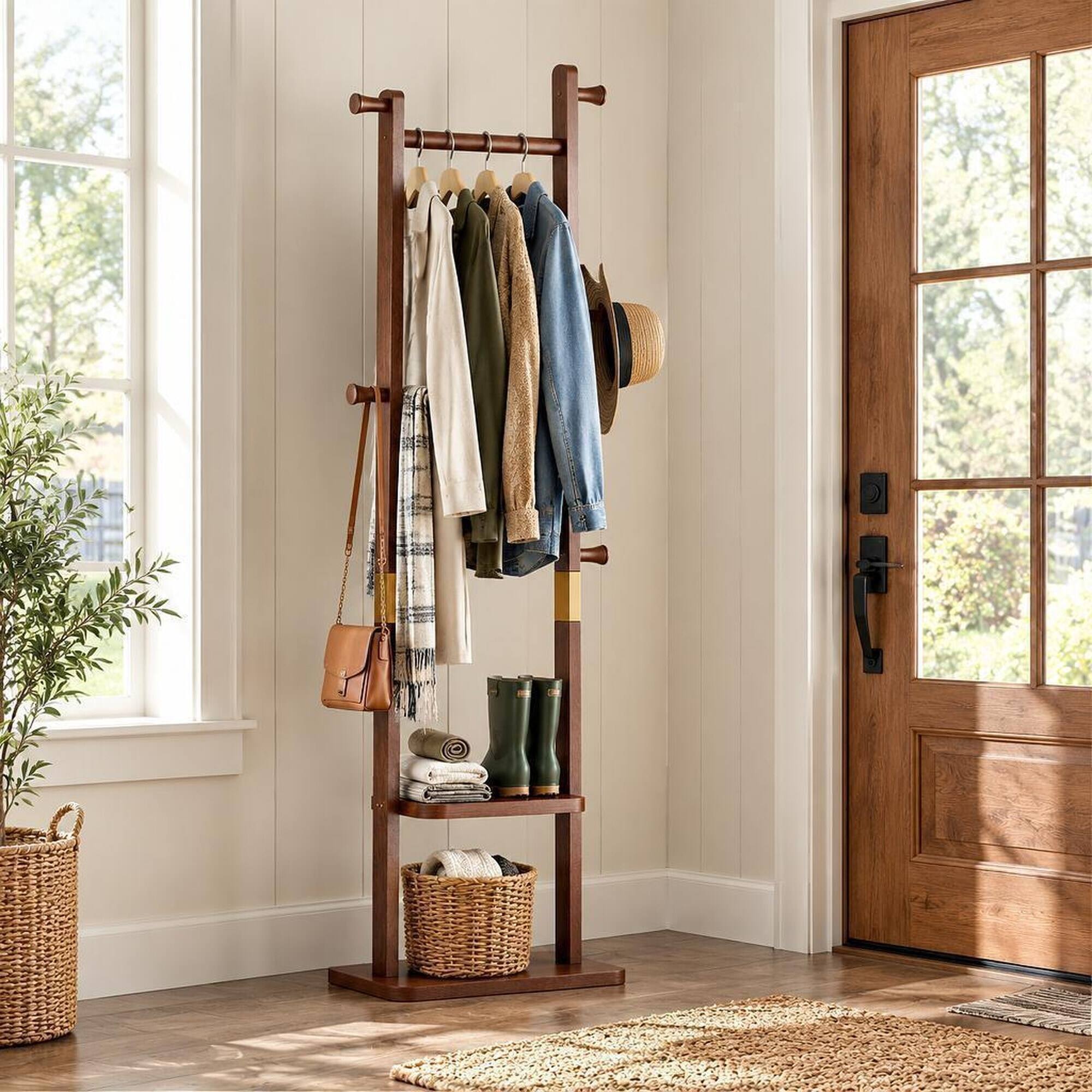 Left. RYHNUYNE - Solid Wood Coat Rack, 23.6 x 11 x 70.8 in, Walnut Finish, Free Standing Hall Tree for Entryway - Walnut.