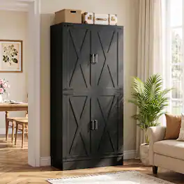 Aheaplus - 70'' Tall Kitchen Pantry Cabinet with Drawer and Adjustable Shelves, 4 Barn Door Pantry for Dining, Kitchen - Black