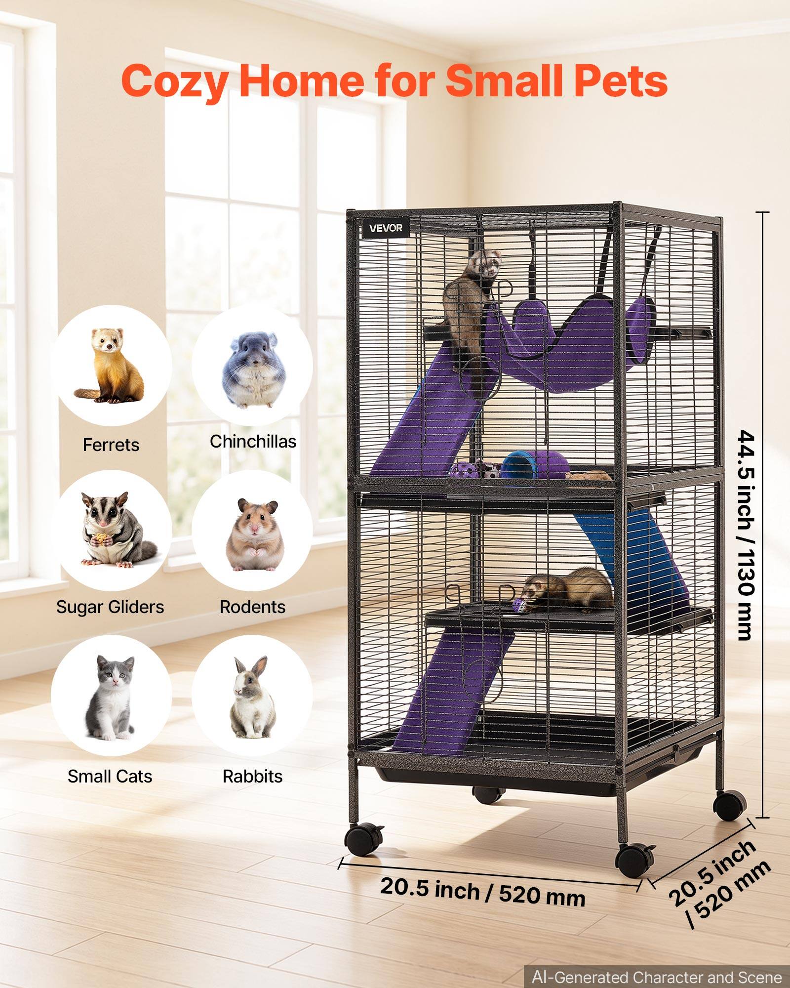 Cozy Home for Small Pets

VEVOR

Ferrets Sugar Gliders
Chinchillas Rodents
44.5 inch / 1130 mm
Small Cats
Rabbits
20.5 inch / 520 mm

AI-Generated Character and Scene
