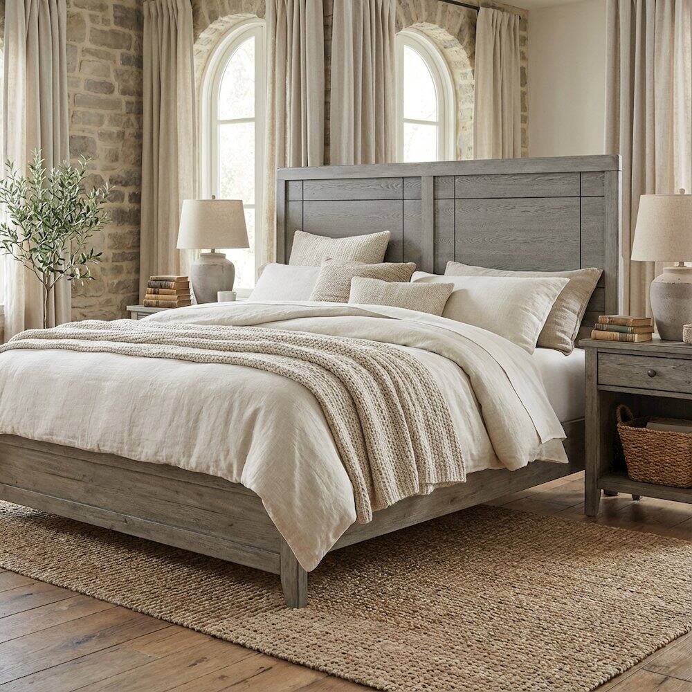 Angle. FurniFact - Wood Full Headboard with Classic Design for Comfortable Bedroom Upgrade - Gray.