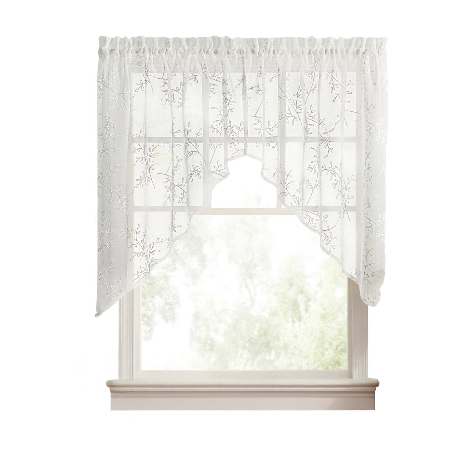 Front. Ellis Curtain - Ellis Curtain Brewster 100% Polyester Tailored Embroidered Sheer Rod Pocket Swag Pair  70" x 38" White - White.