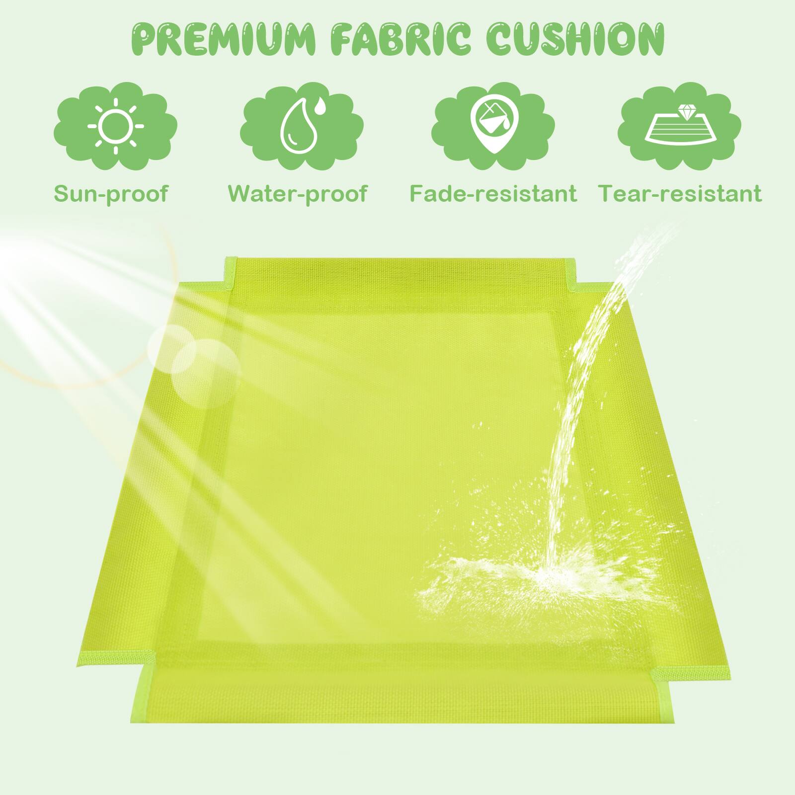 PREMIUM FABRIC CUSHION

- Sun-proof
- Water-proof
- Fade-resistant
- Tear-resistant