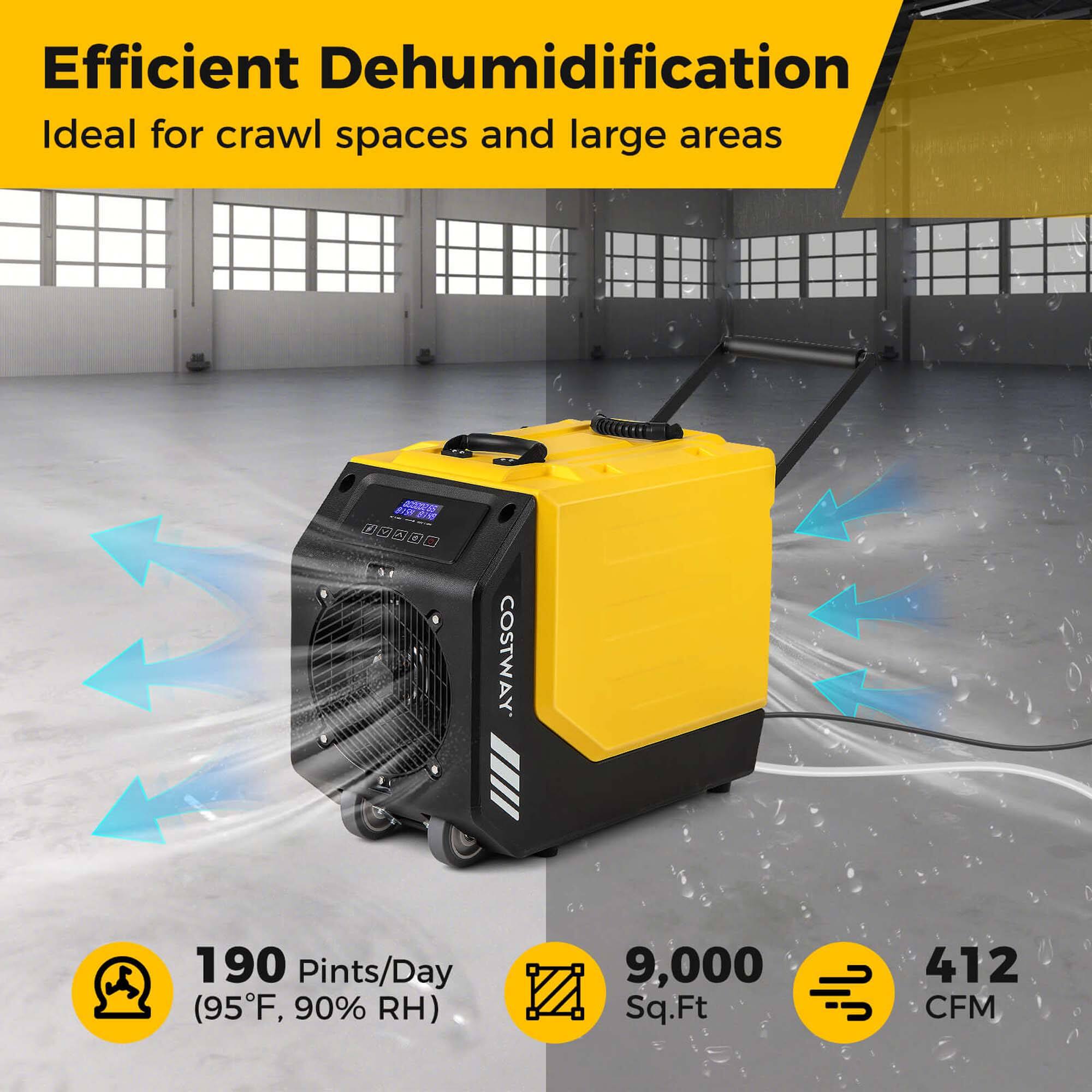 The text on the image is already grouped and correctly written. It reads: "Efficient Dehumidification Ideal for crawl spaces and large areas COSTWAY  190 Pints/Day (95F, 90% RH) 9,000 Sq.Ft 412 CFM."