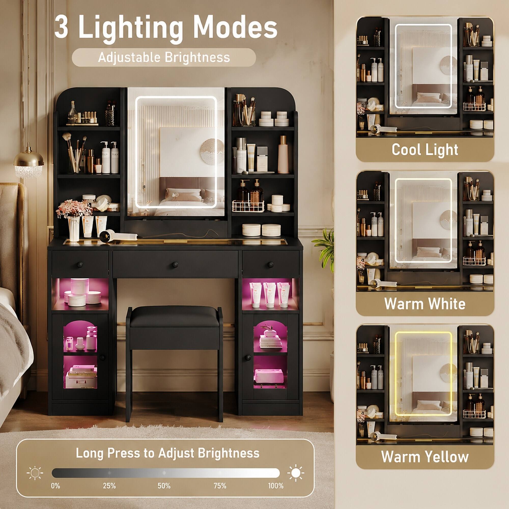 3 Lighting Modes  
Adjustable Brightness

Cool Light  
Warm White  
Warm Yellow

Long Press to Adjust Brightness  
0% 25% 50% 75% 100%