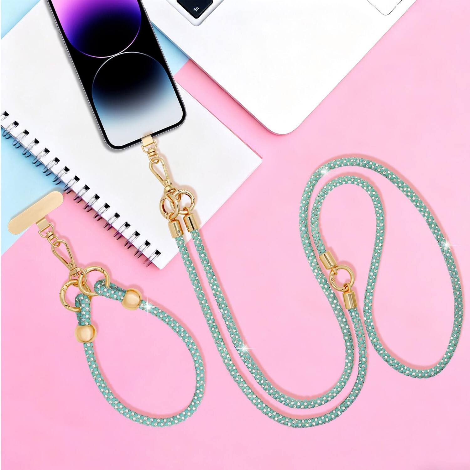 Left. Dteck - 3-in-1 Glitter Crossbody Phone Lanyard,Sparkly Crystal Phone Strap Fashion Wrisrstrap for Universal Smartphone Cases - Green.