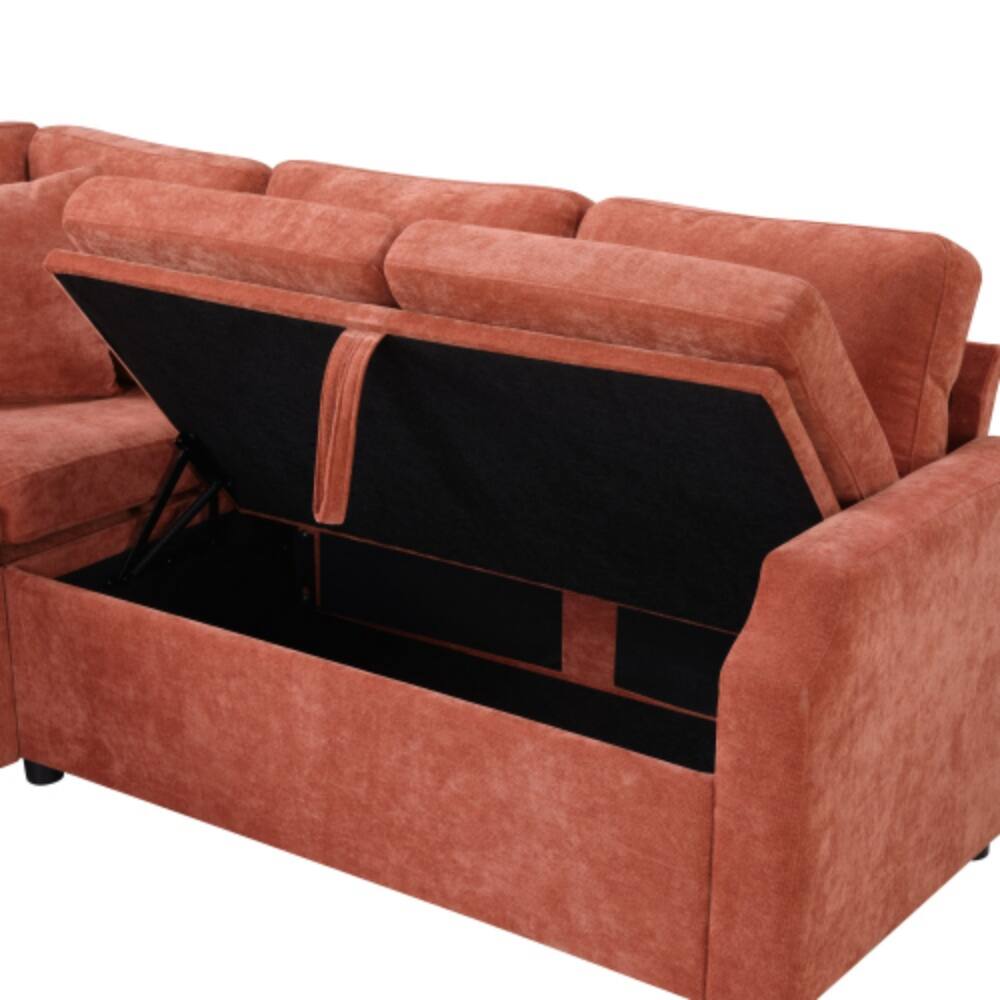 Alt View 4. LUCKY ONE - 81.9" L-Shaped Sectional Sofa Bed w/ Pull-Out Sleeper & Hidden Storage Compartment - Orange.