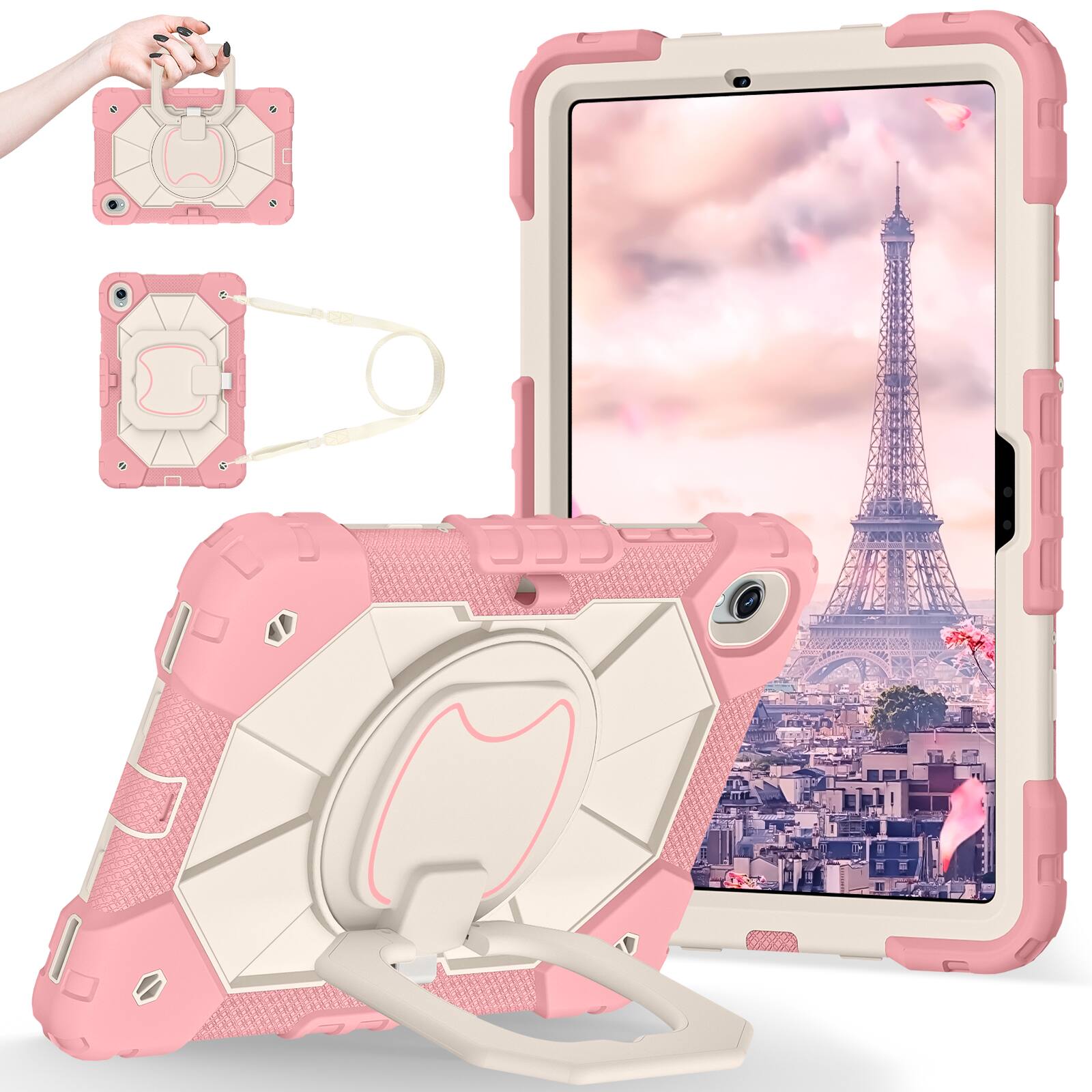 Angle. Dteck - Case for Samsung Galaxy Tab S11 2025 11-inch 3-Layer Rugged Kickstand Handle Grip Cover with Shoulder Strap - Rosegold.