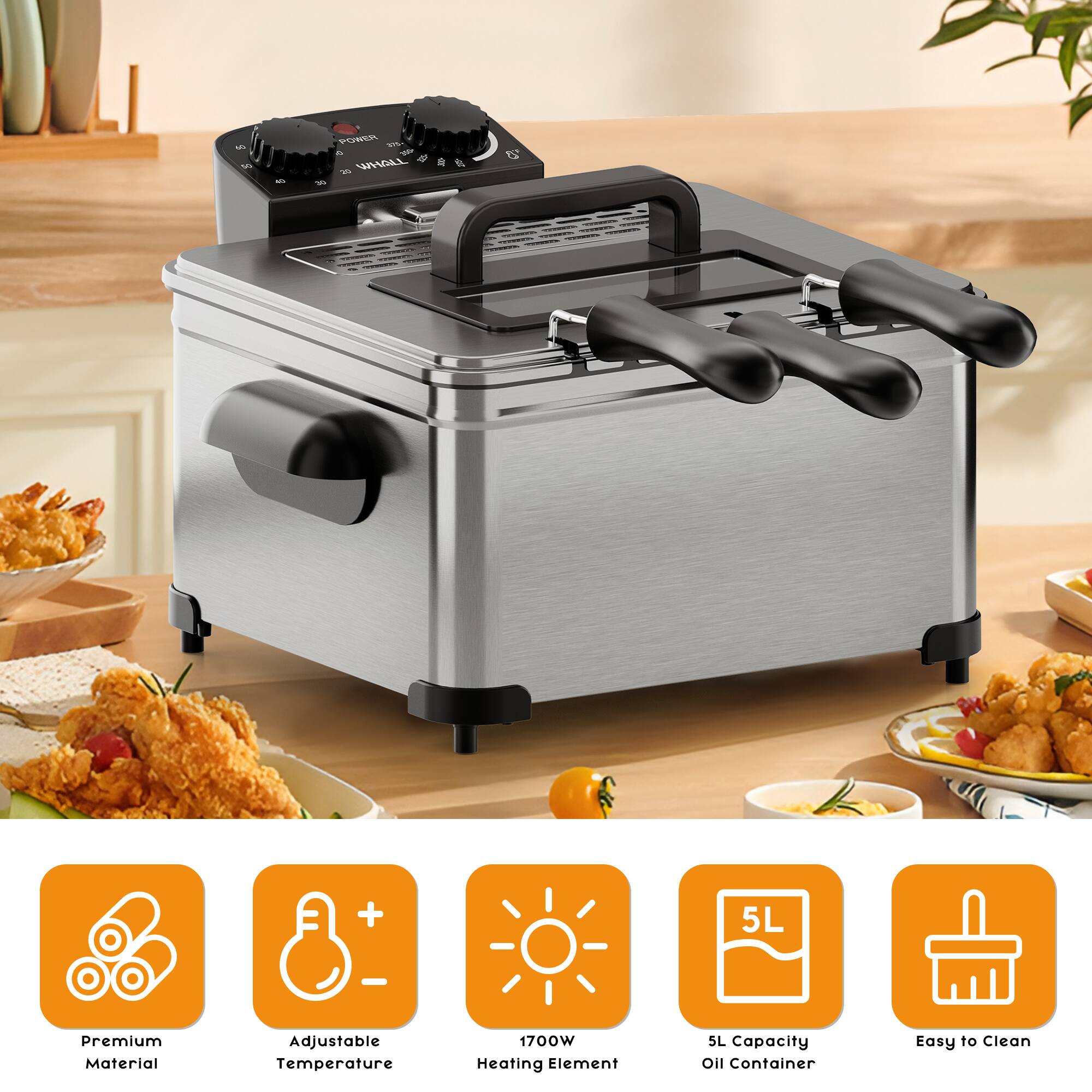 - Premium Material
- Adjustable Temperature
- 1700W Heating Element
- 5L Capacity Oil Container
- Easy to Clean